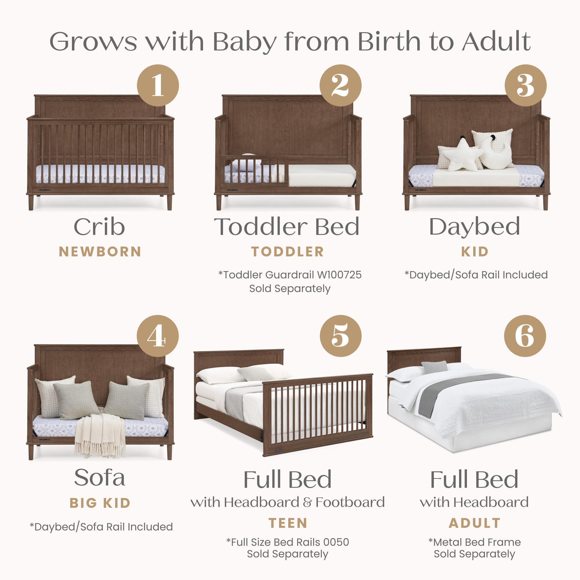 Delta Children Penelope 6-in-1 Convertible Crib, Teak Brown, large