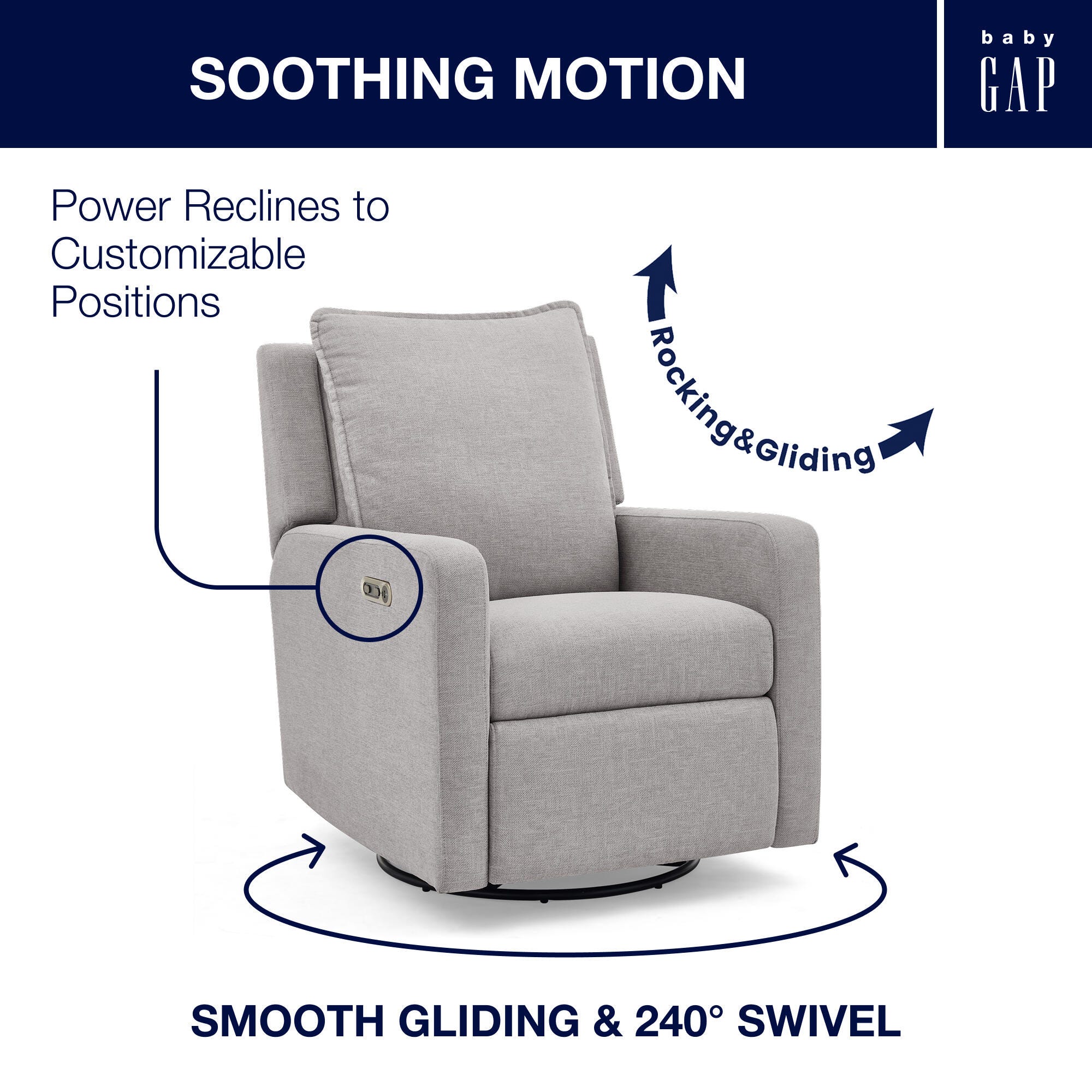 babyGap by Delta Children Harlowe Charging Power Recliner, Ash, large