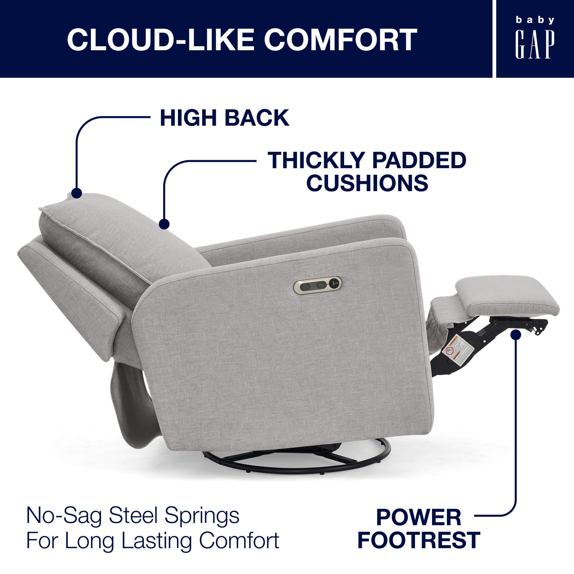 babyGap by Delta Children Harlowe Charging Power Recliner, Ash, large