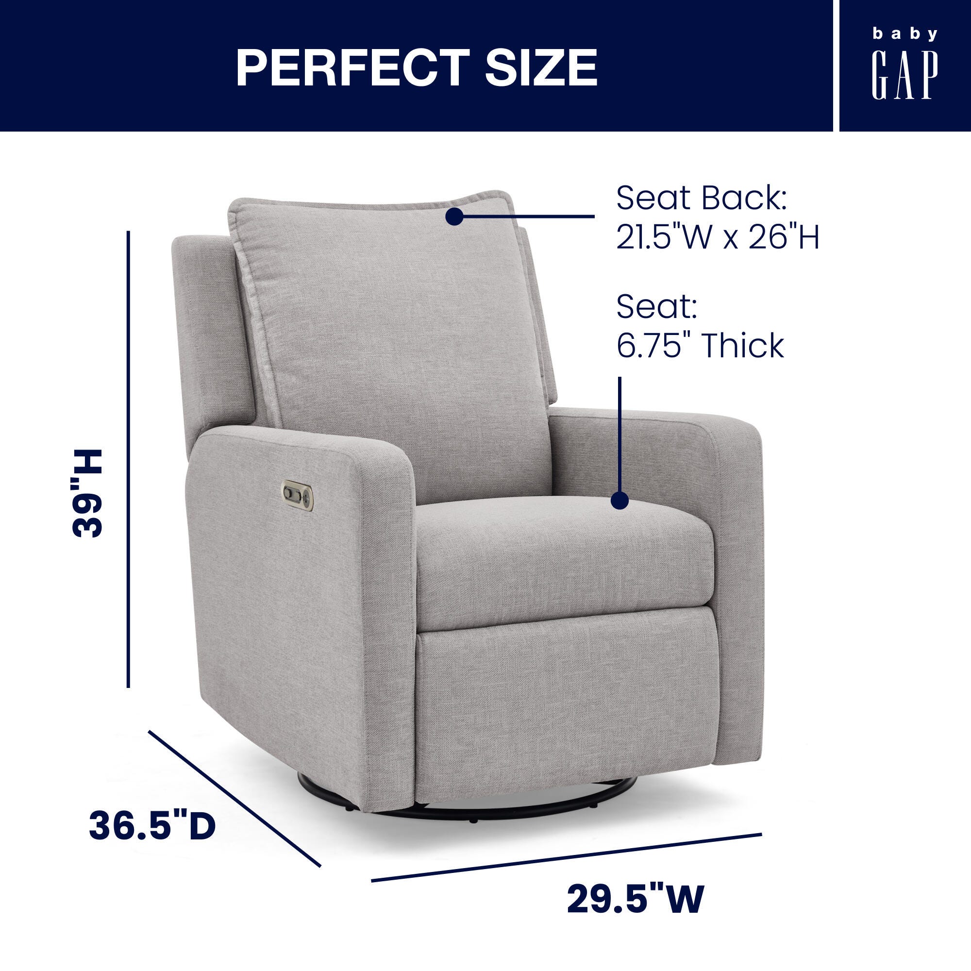 babyGap by Delta Children Harlowe Charging Power Recliner, Ash, large