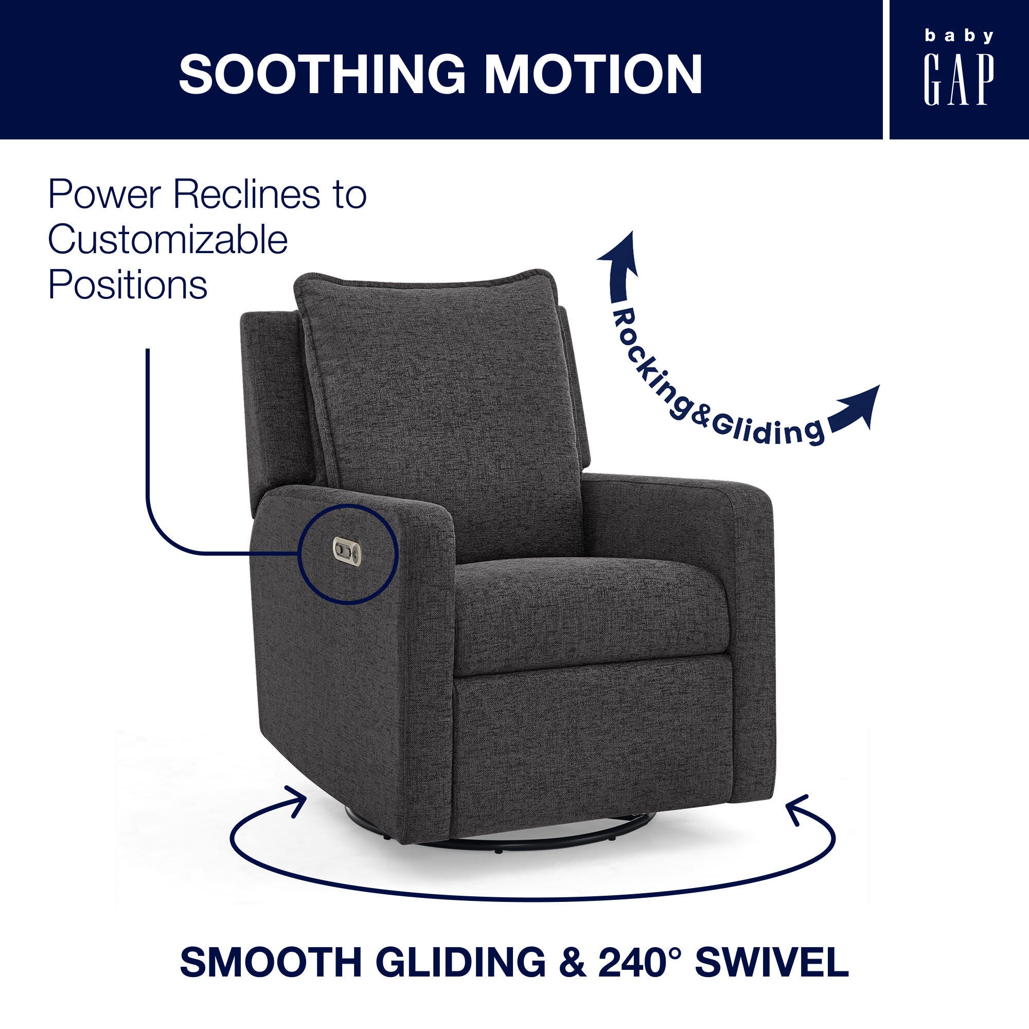 babyGap by Delta Children Harlowe Charging Power Recliner, Charcoal, large
