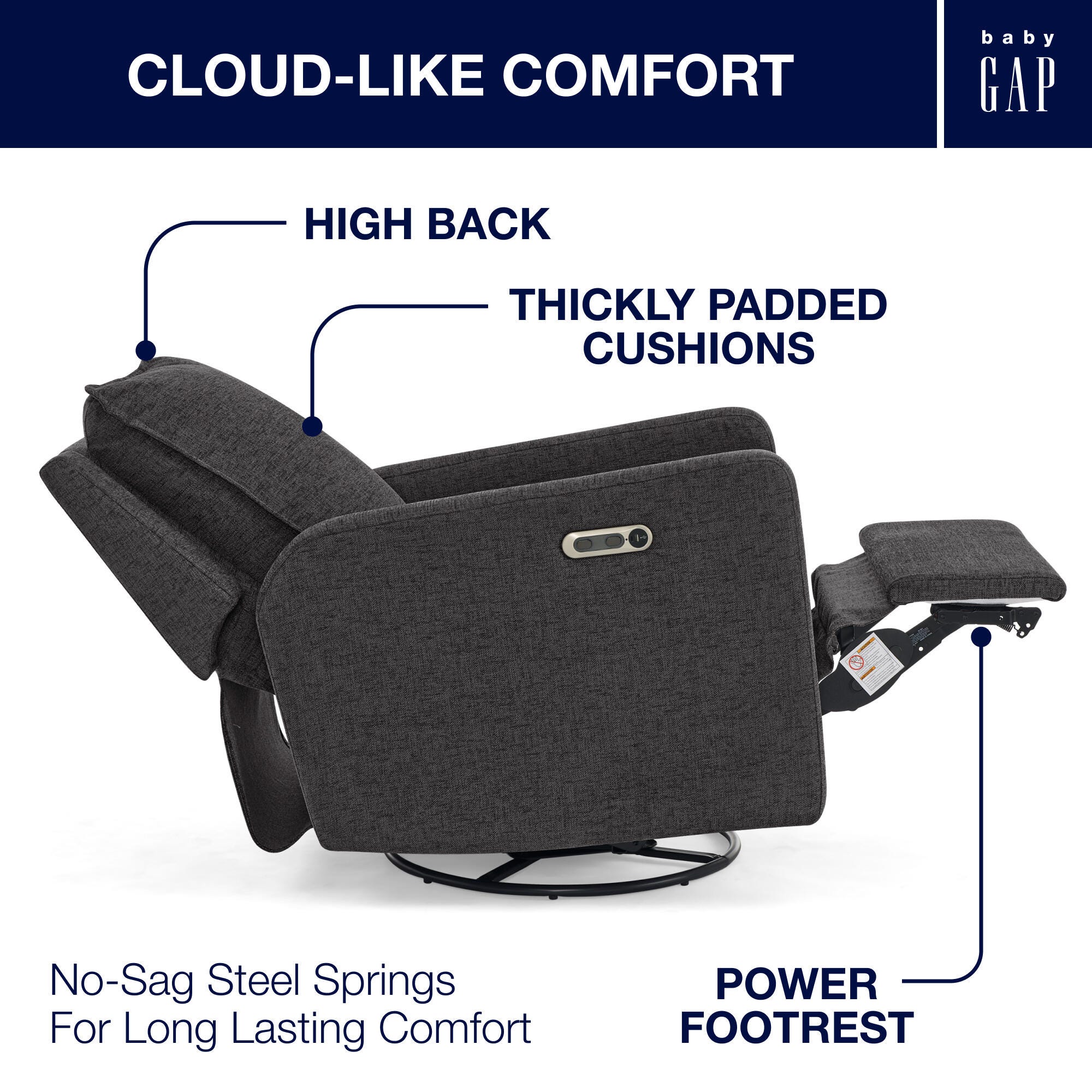 babyGap by Delta Children Harlowe Charging Power Recliner, Charcoal, large