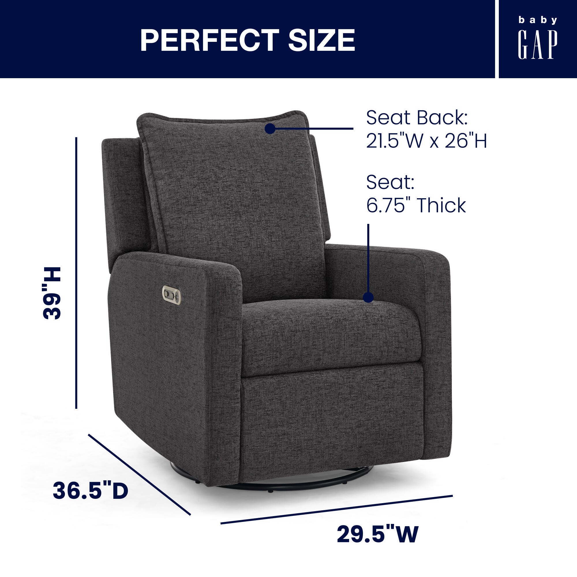 babyGap by Delta Children Harlowe Charging Power Recliner, Charcoal, large