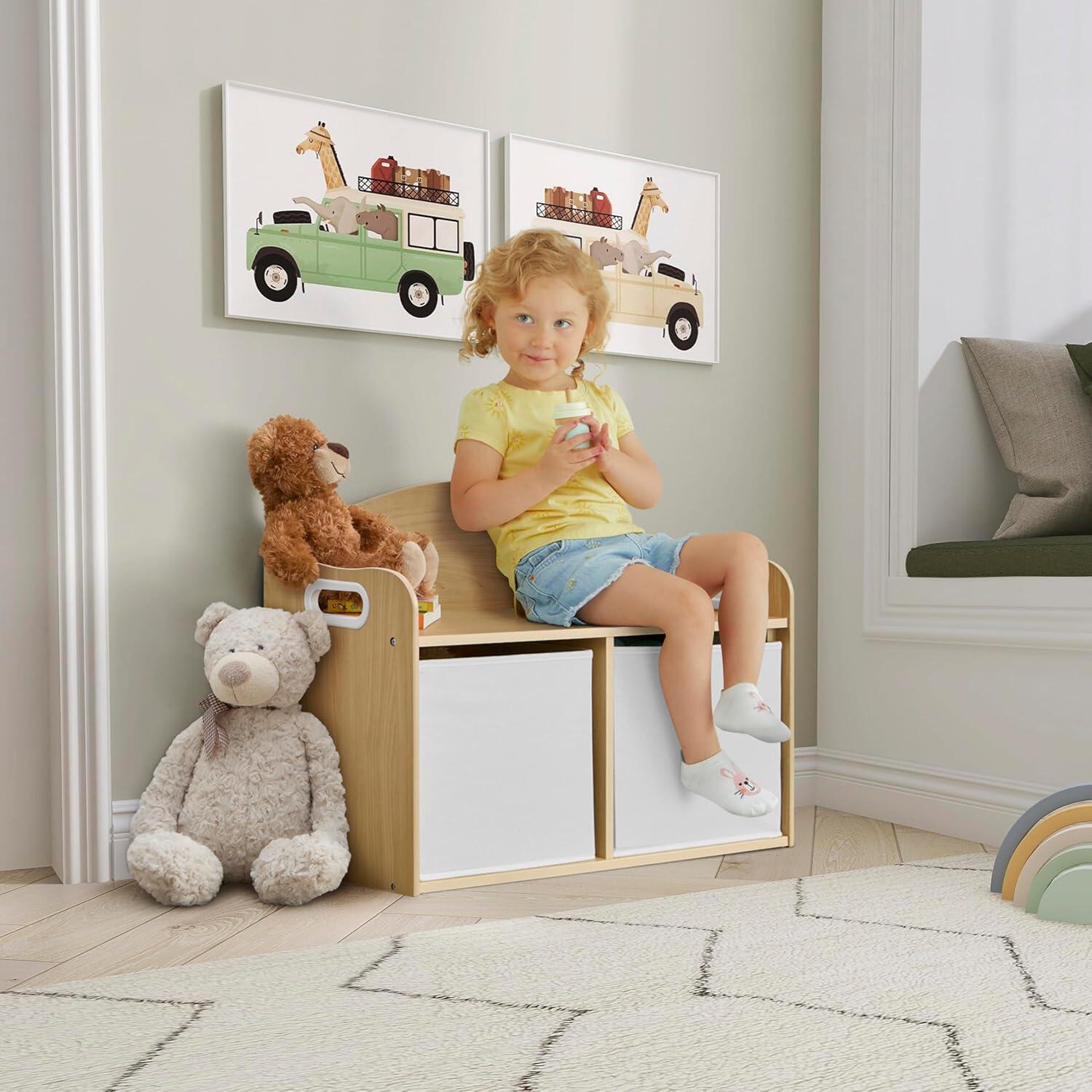 Evolur Kids Storage Bench, Natural/White, large