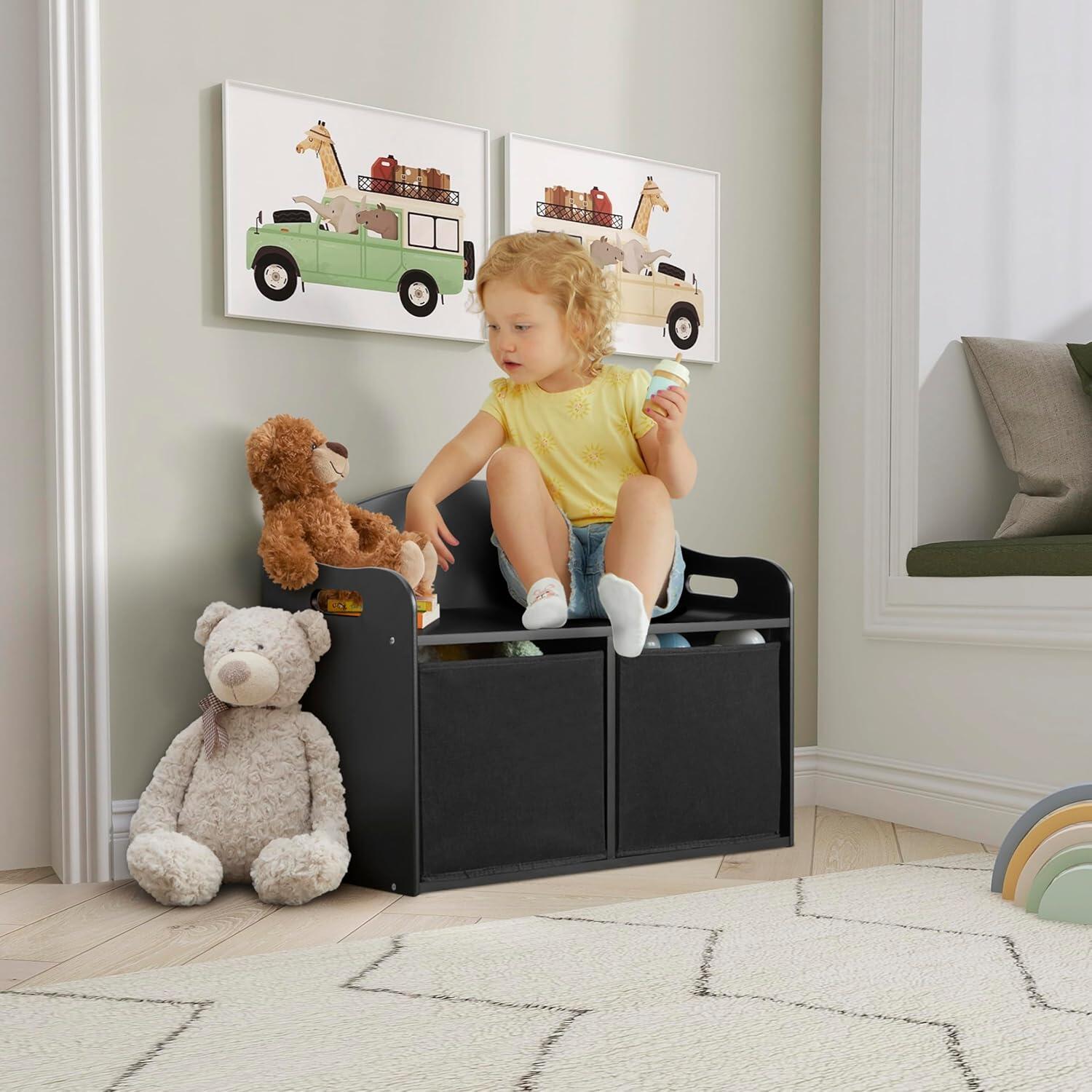 Evolur Kids Storage Bench, Matte Black, large