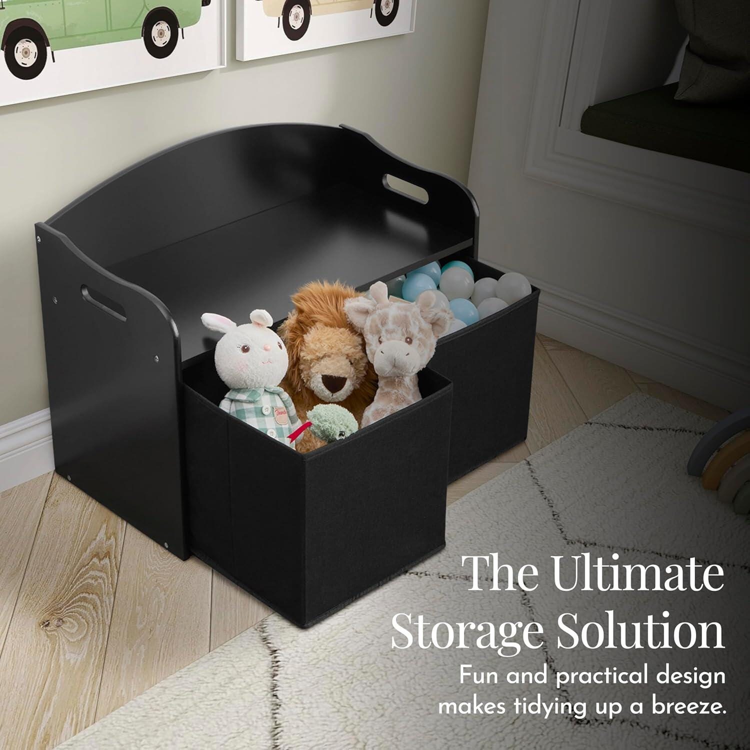 Evolur Kids Storage Bench, Matte Black, large