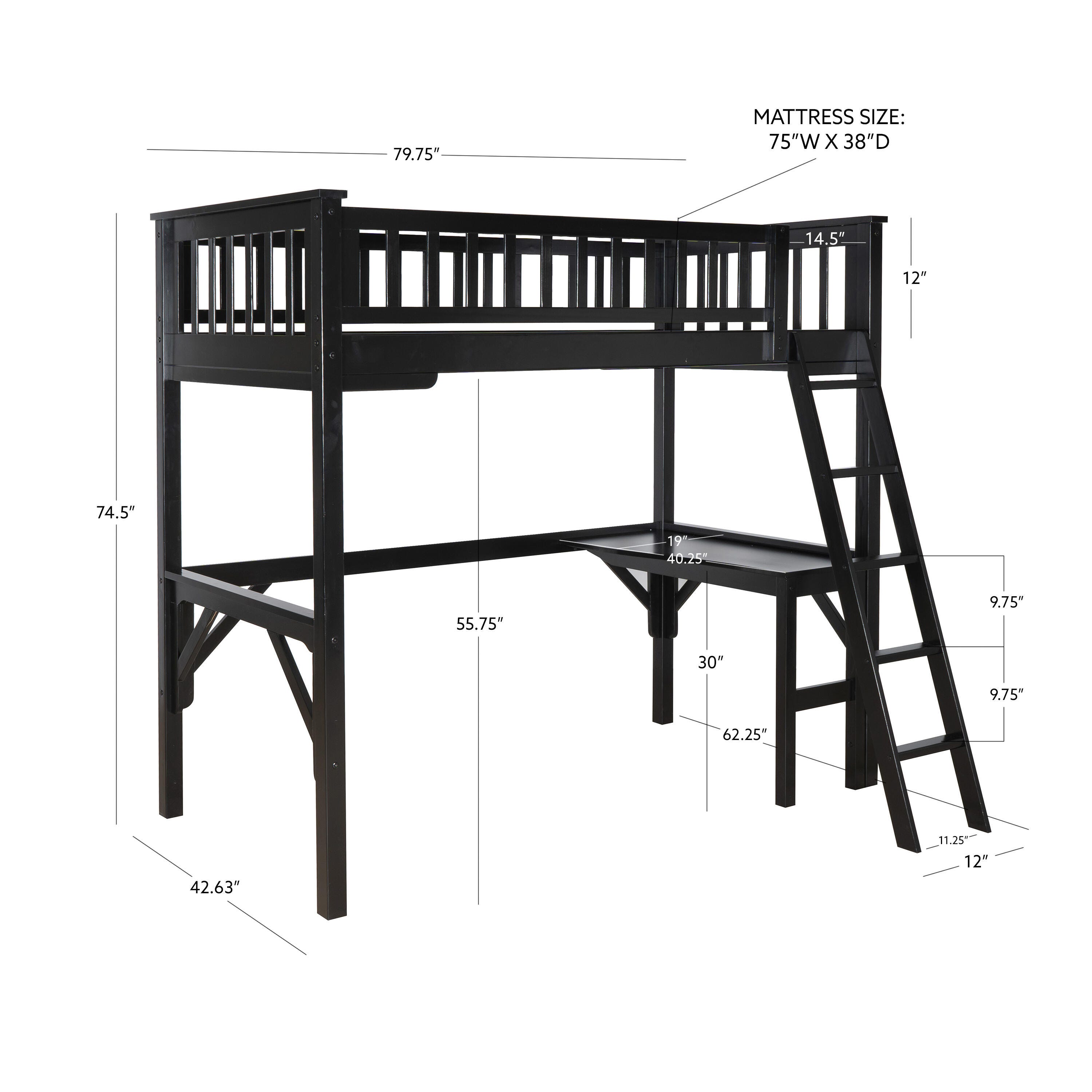 Linon Cale Twin Loft Bed with Storage, Black, large