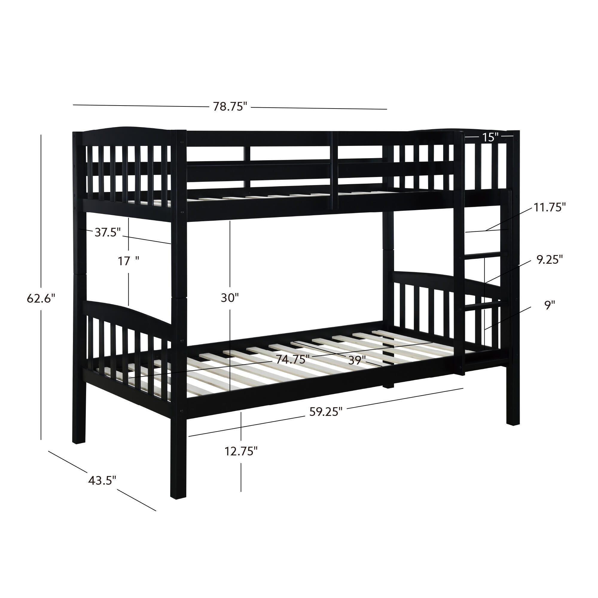 Linon Lyra Twin Bunk Bed, Black, large