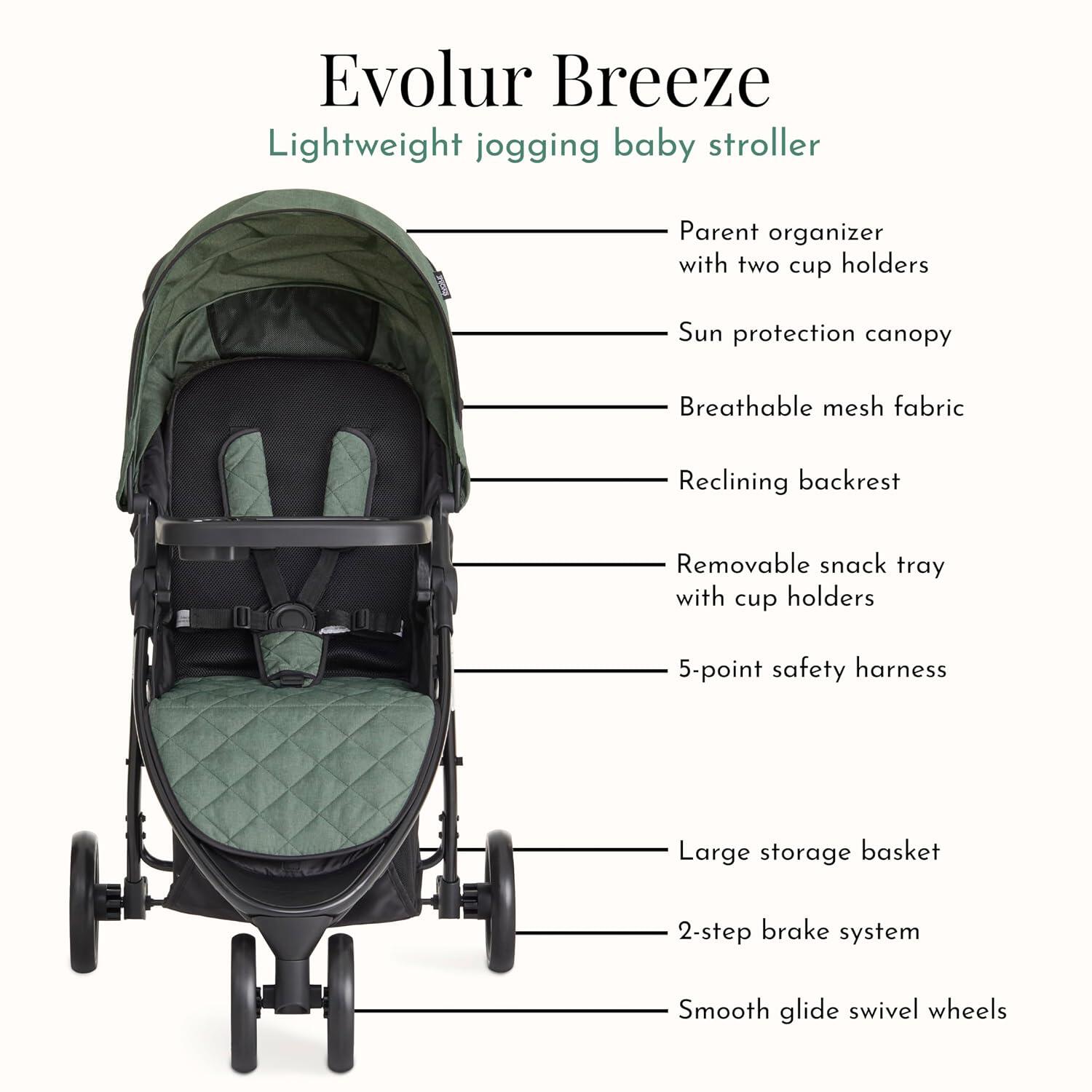 Evolur Breeze Stroller, Green/Black, large
