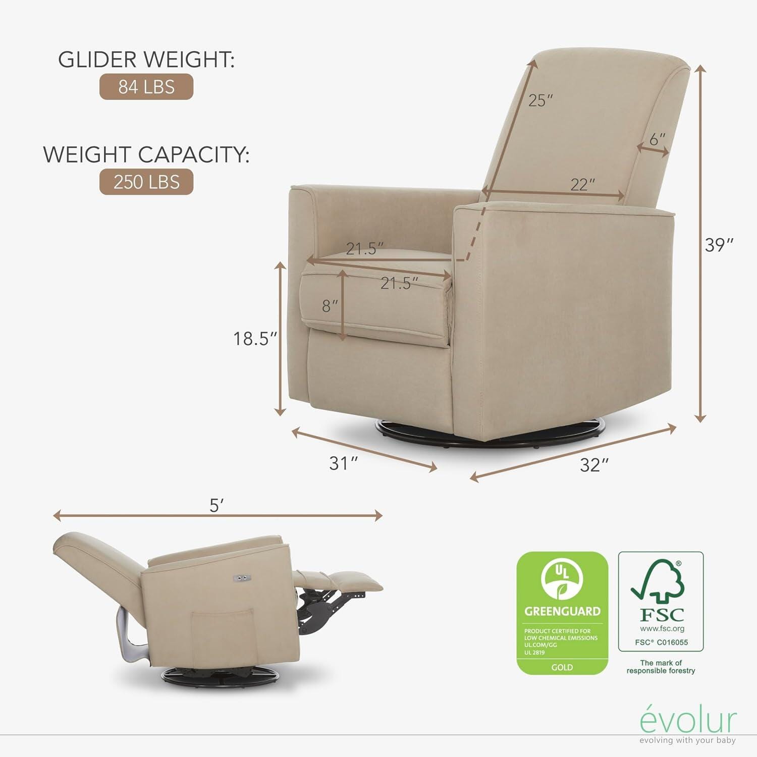 Evolur Harlow Power Swivel Glider Recliner, Light Sand, large
