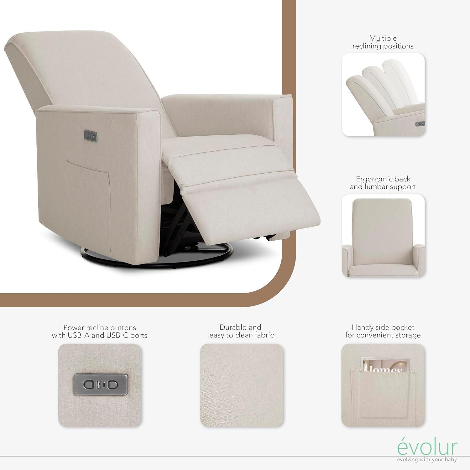 Evolur Harlow Power Swivel Glider Recliner, Light Sand, large