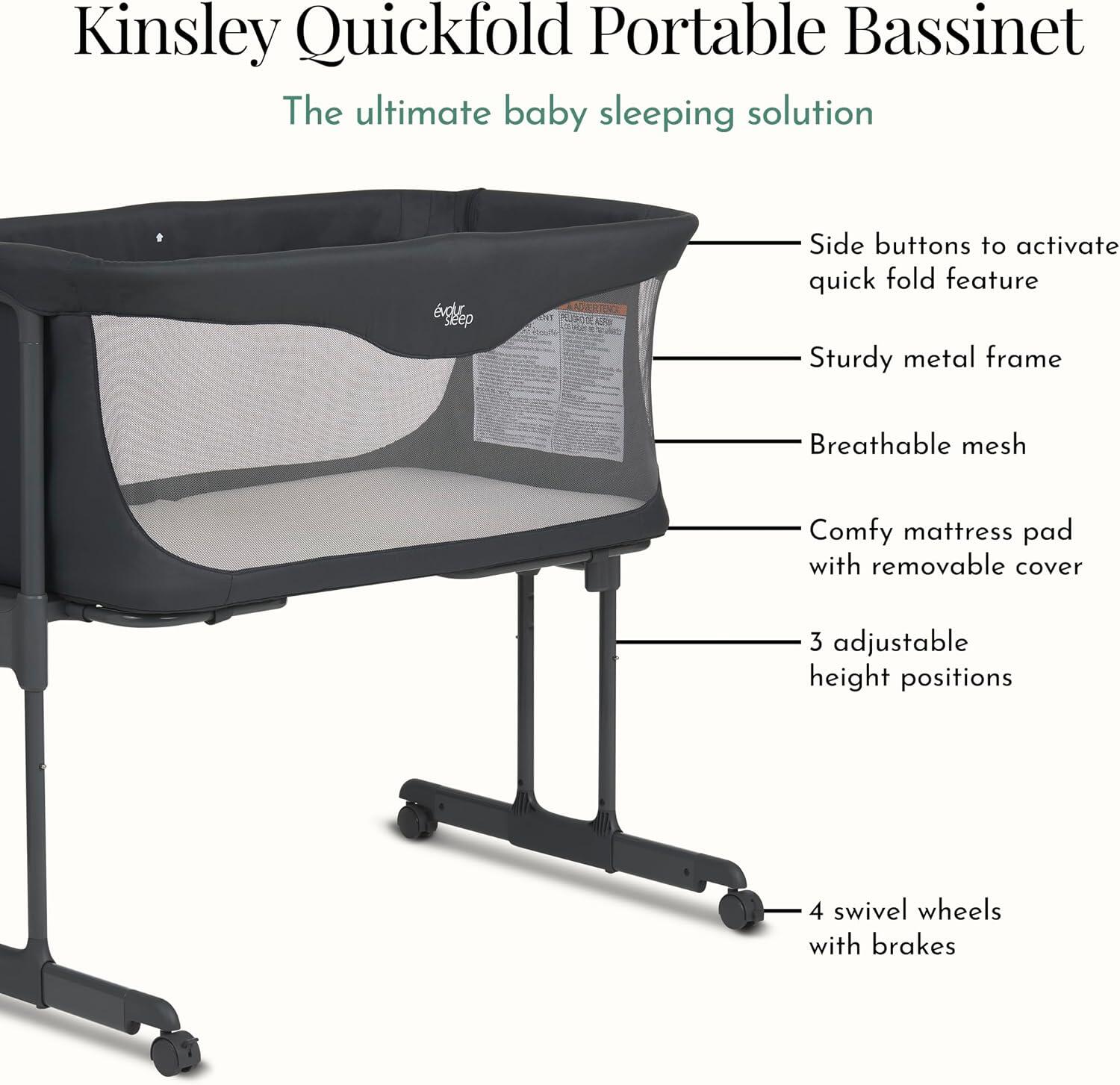 Evolur Kinsley Portable Bassinet, Dark Gray, large