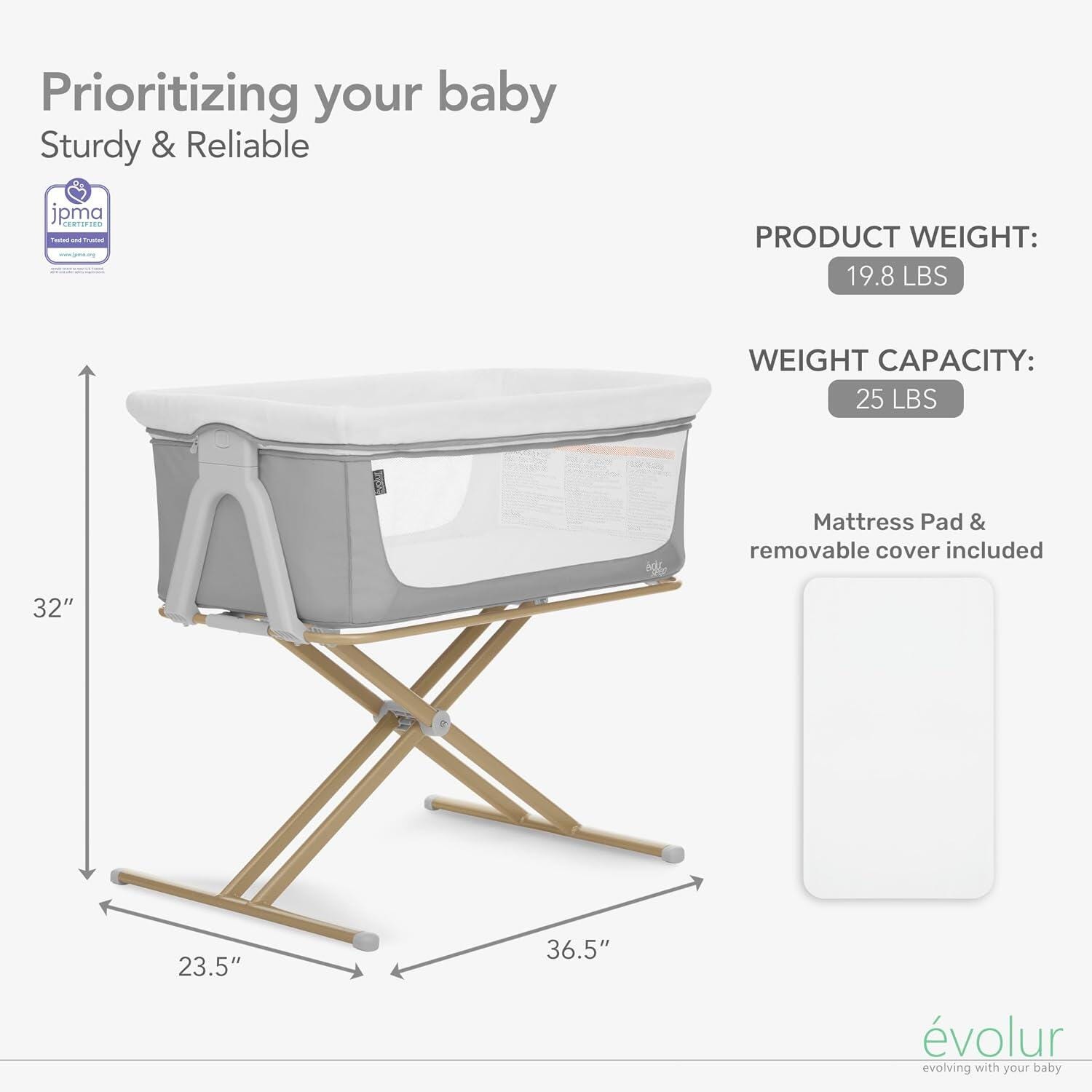 Evolur Orabelle Bassinet, Gray/Beige, large