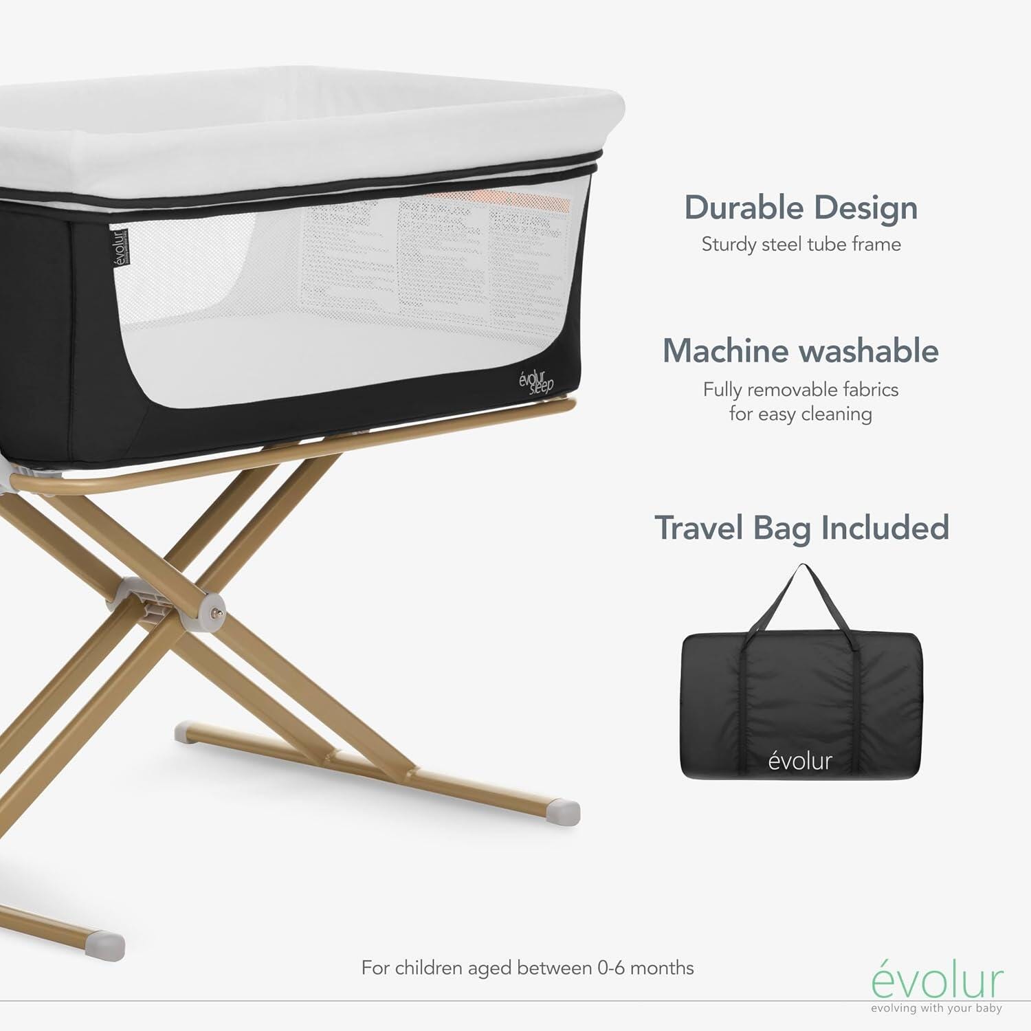 Evolur Orabelle Bassinet, Black/Beige, large