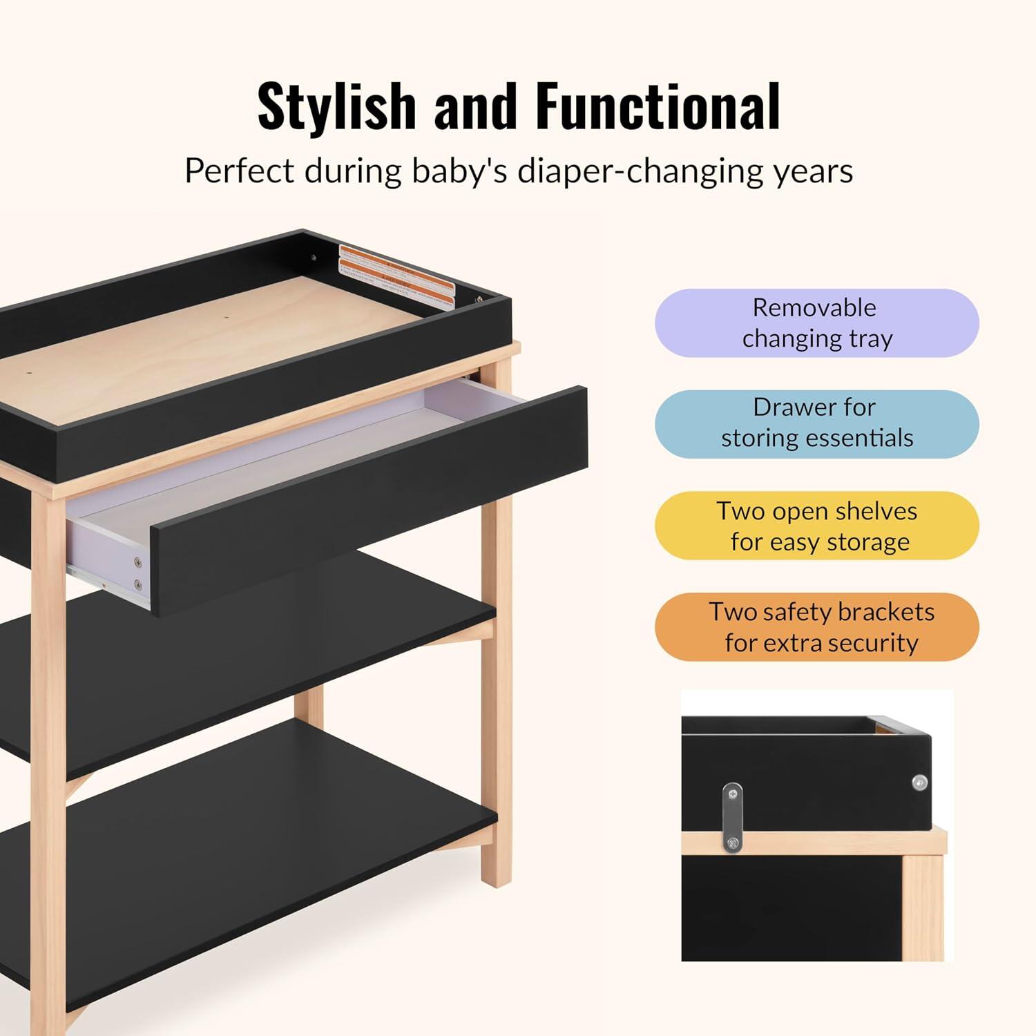Evolur Owen Changing Table, Matte Black/Beige, large