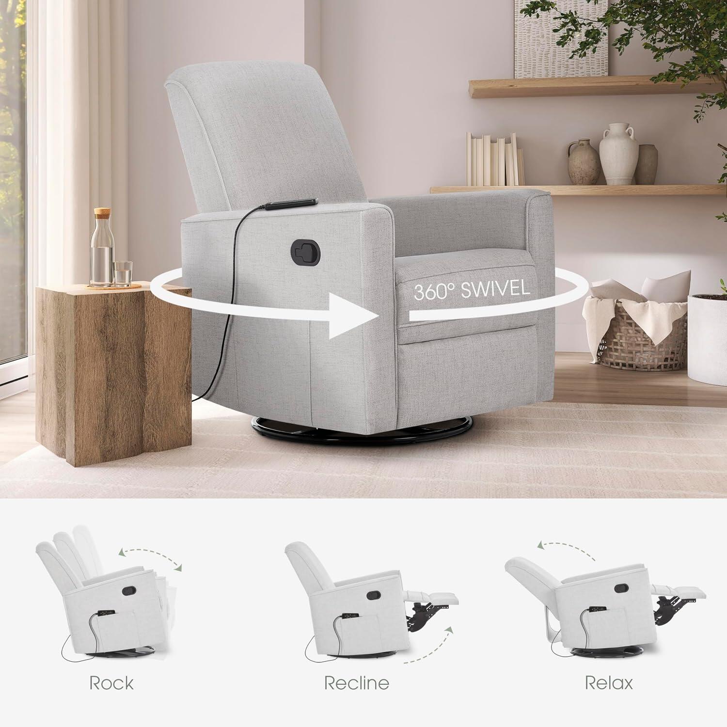 Evolur Raleigh Power Swivel Glider Recliner, Fog Gray, large