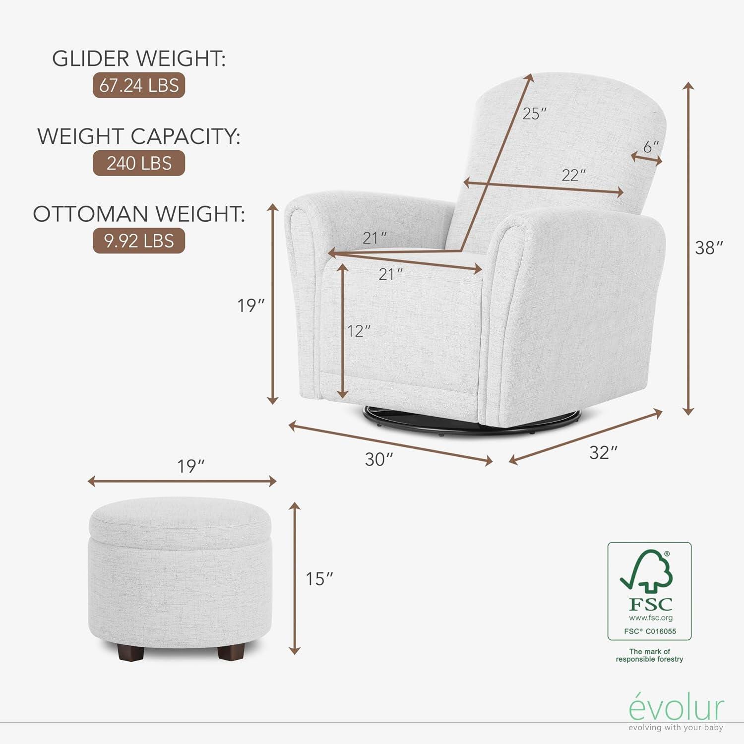 Evolur Vienna Solid Swivel Glider Recliner with Ottoman, , large