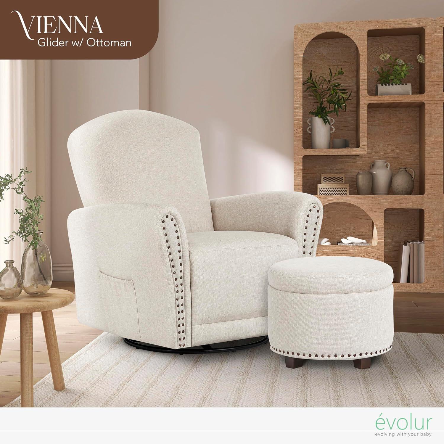 Evolur Vienna Swivel Glider Recliner with Ottoman, Sweet Beige, rollover