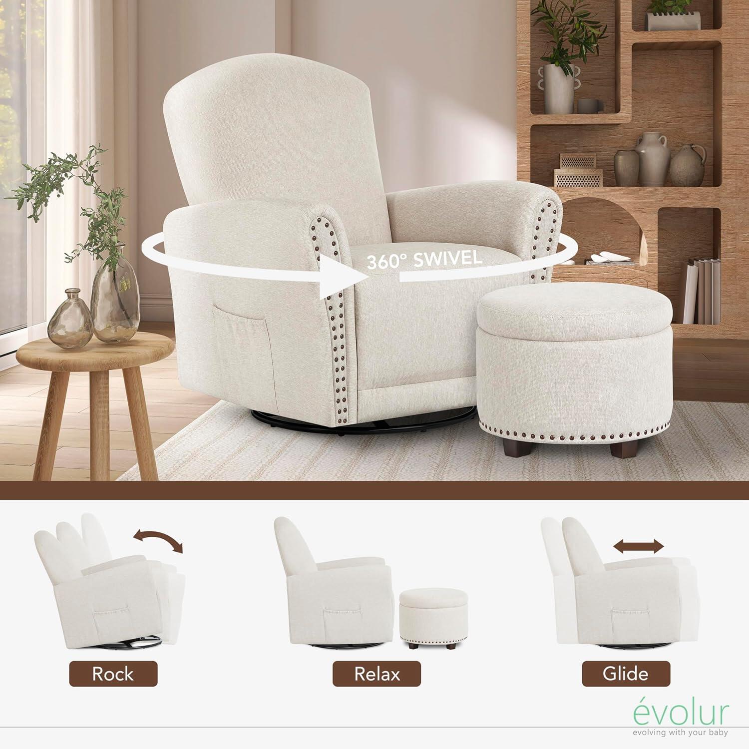 Evolur Vienna Swivel Glider Recliner with Ottoman, Sweet Beige, large