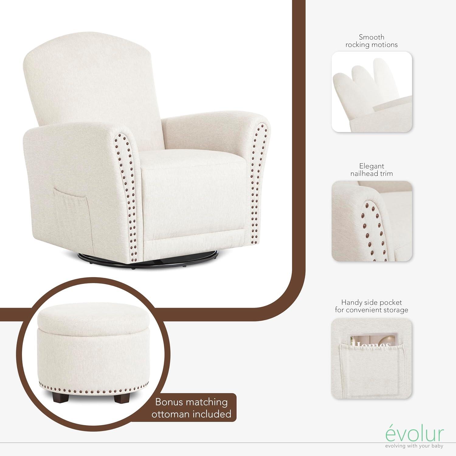 Evolur Vienna Swivel Glider Recliner with Ottoman, Sweet Beige, large