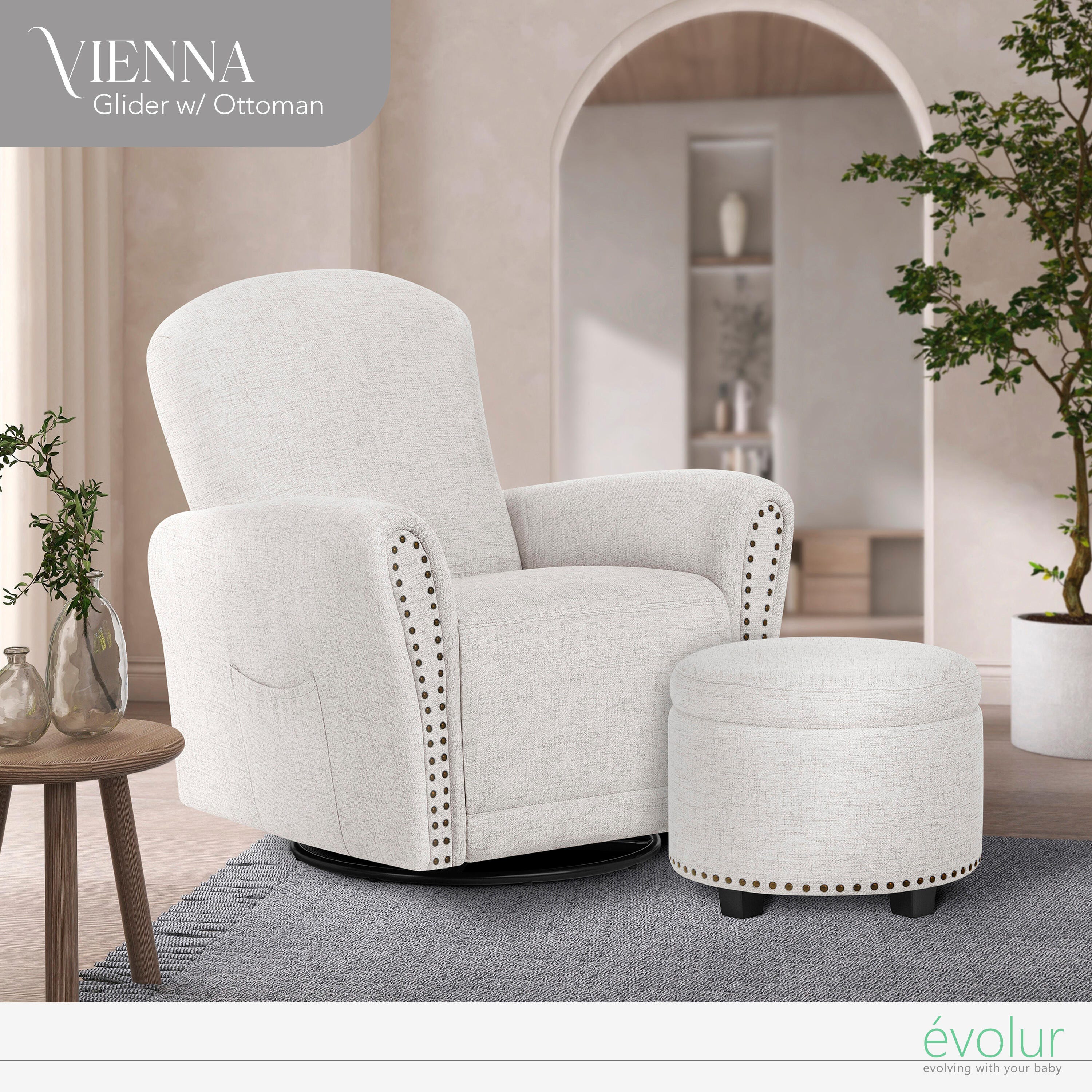 Evolur Vienna Swivel Glider Recliner with Ottoman, Fog Gray, large
