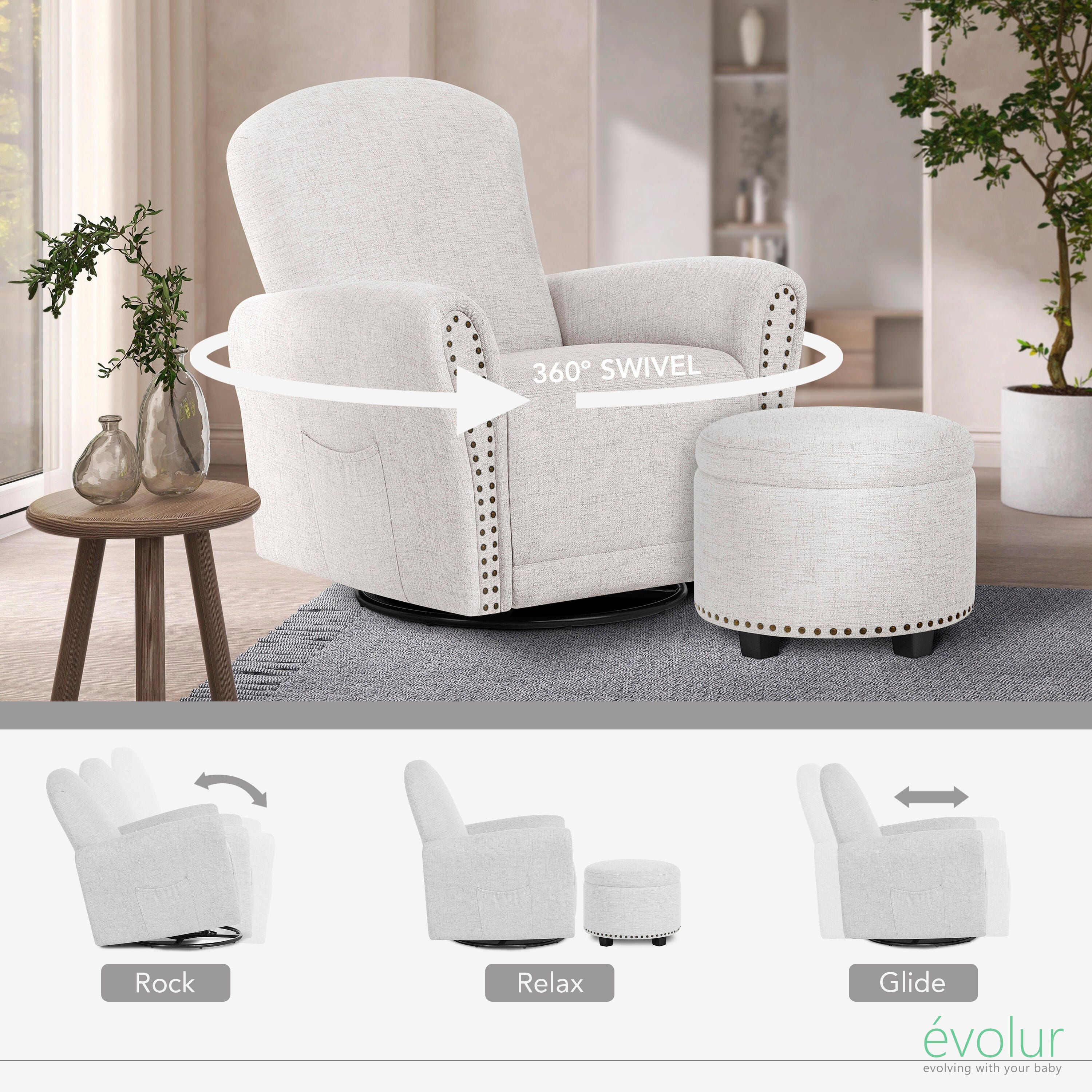 Evolur Vienna Swivel Glider Recliner with Ottoman, Fog Gray, large