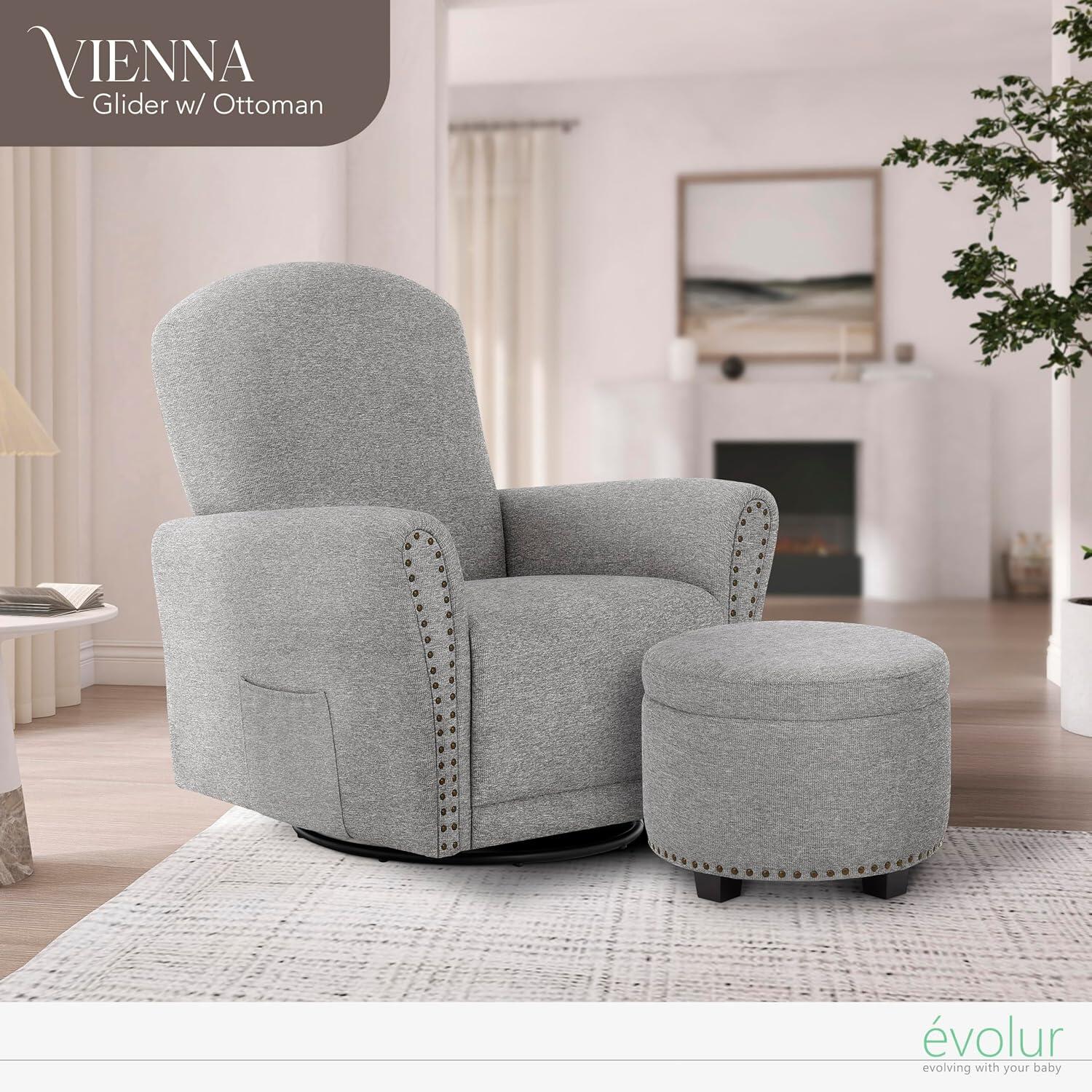 Evolur Vienna Swivel Glider Recliner with Ottoman, Cobblestone Gray, large