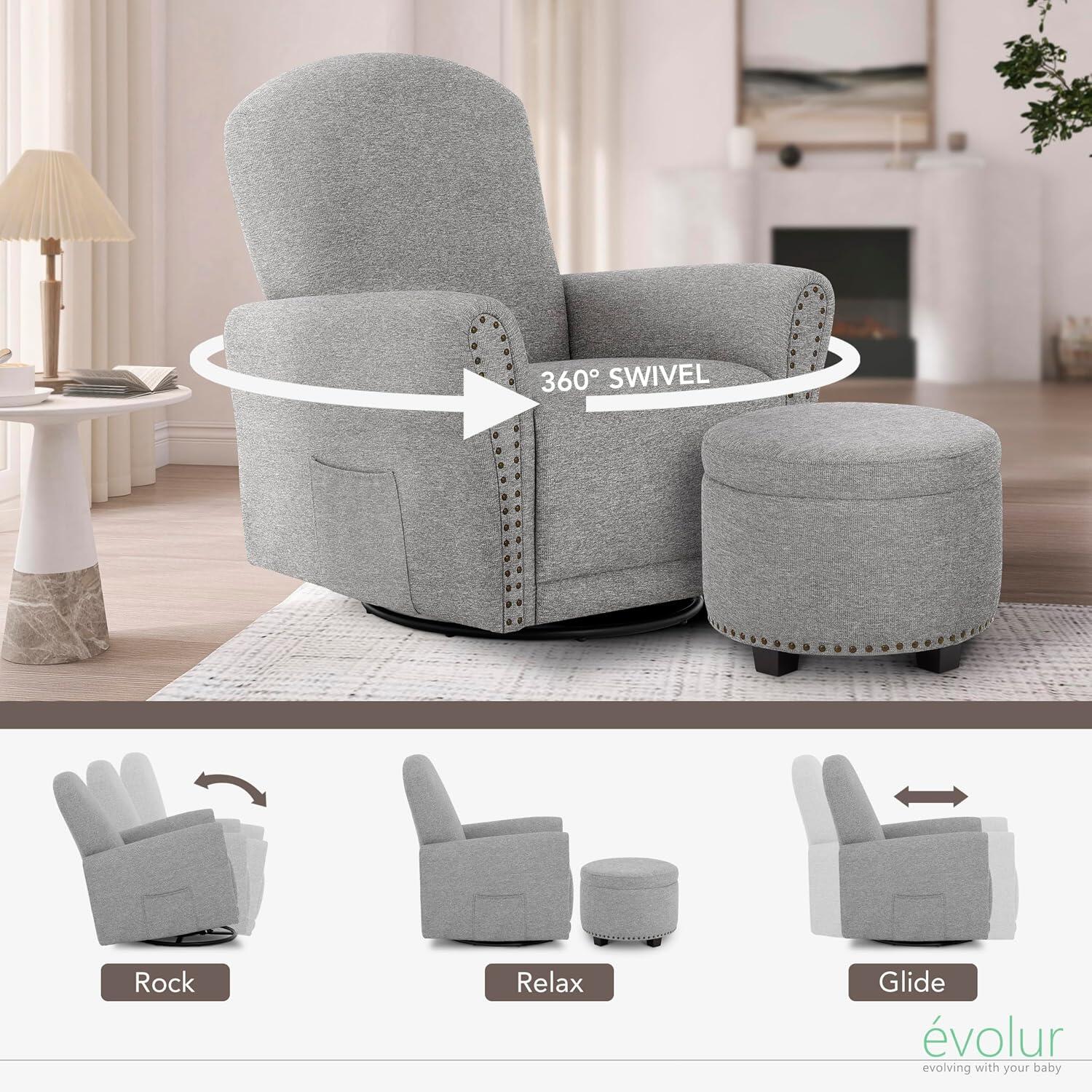 Evolur Vienna Swivel Glider Recliner with Ottoman, Cobblestone Gray, large