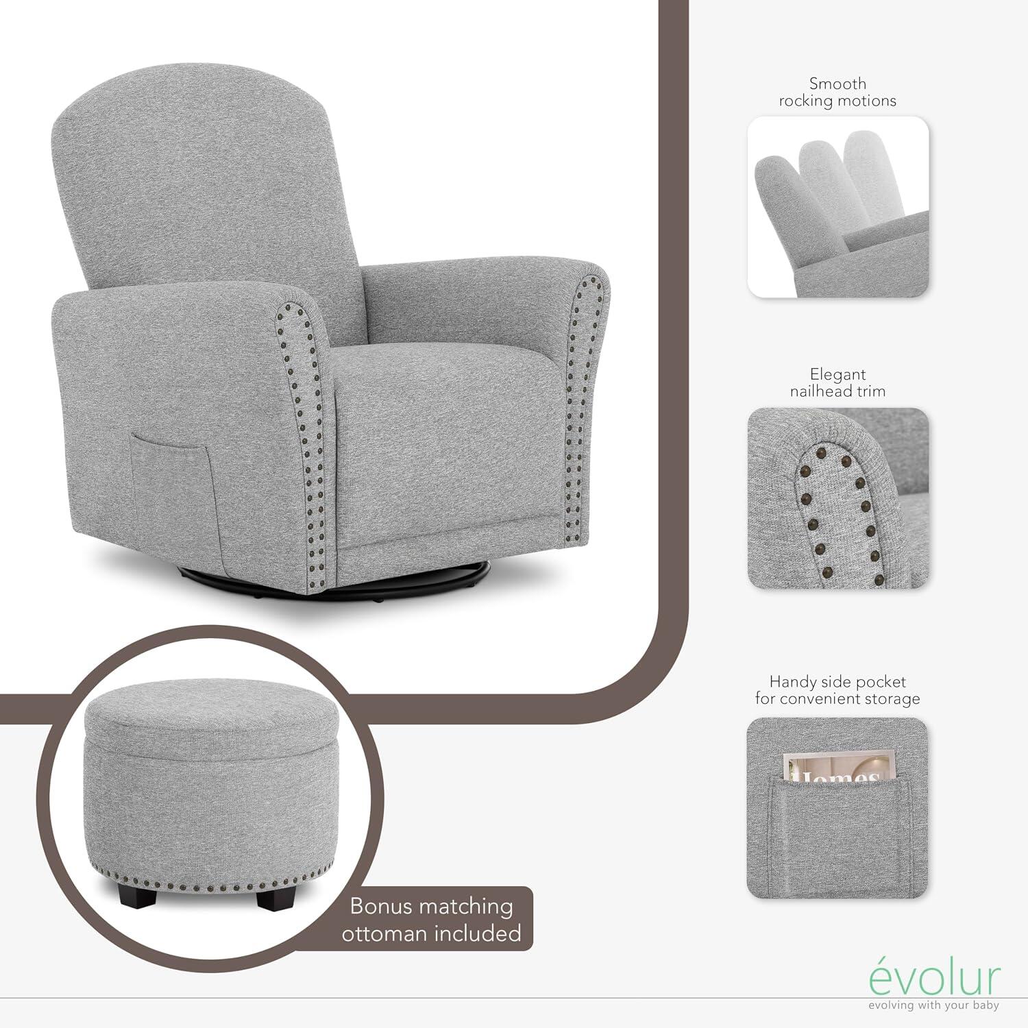 Evolur Vienna Swivel Glider Recliner with Ottoman, Cobblestone Gray, large