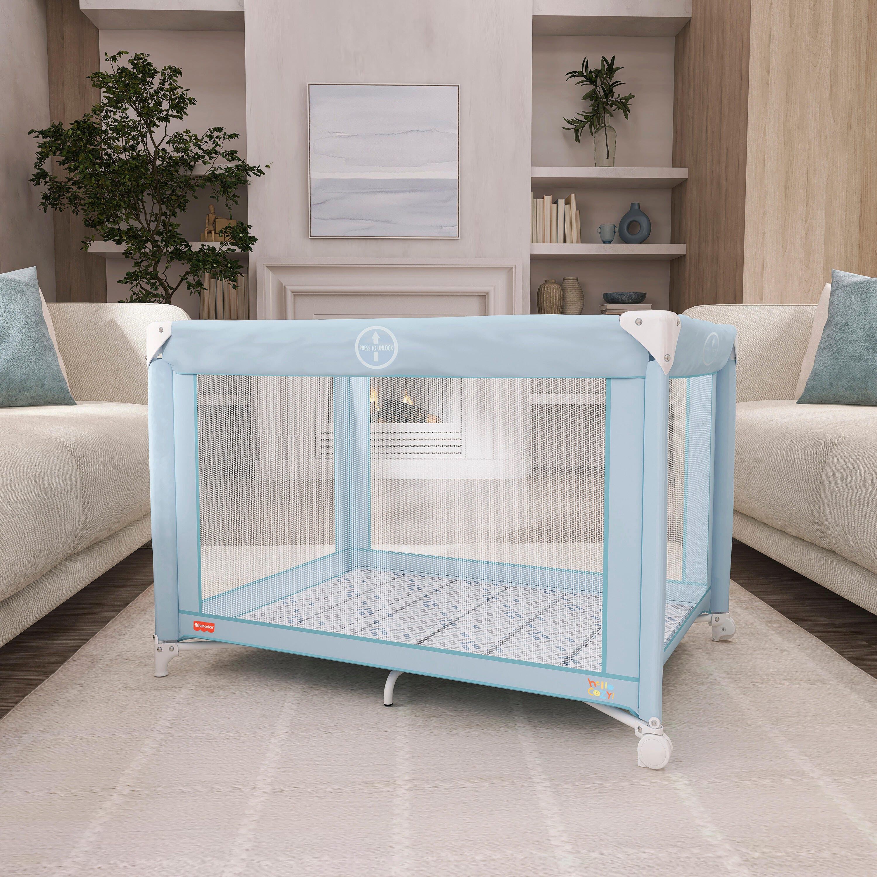 Fisher-Price by Dream On Me Play All Day Foldable Playard, Moonmist Blue, large