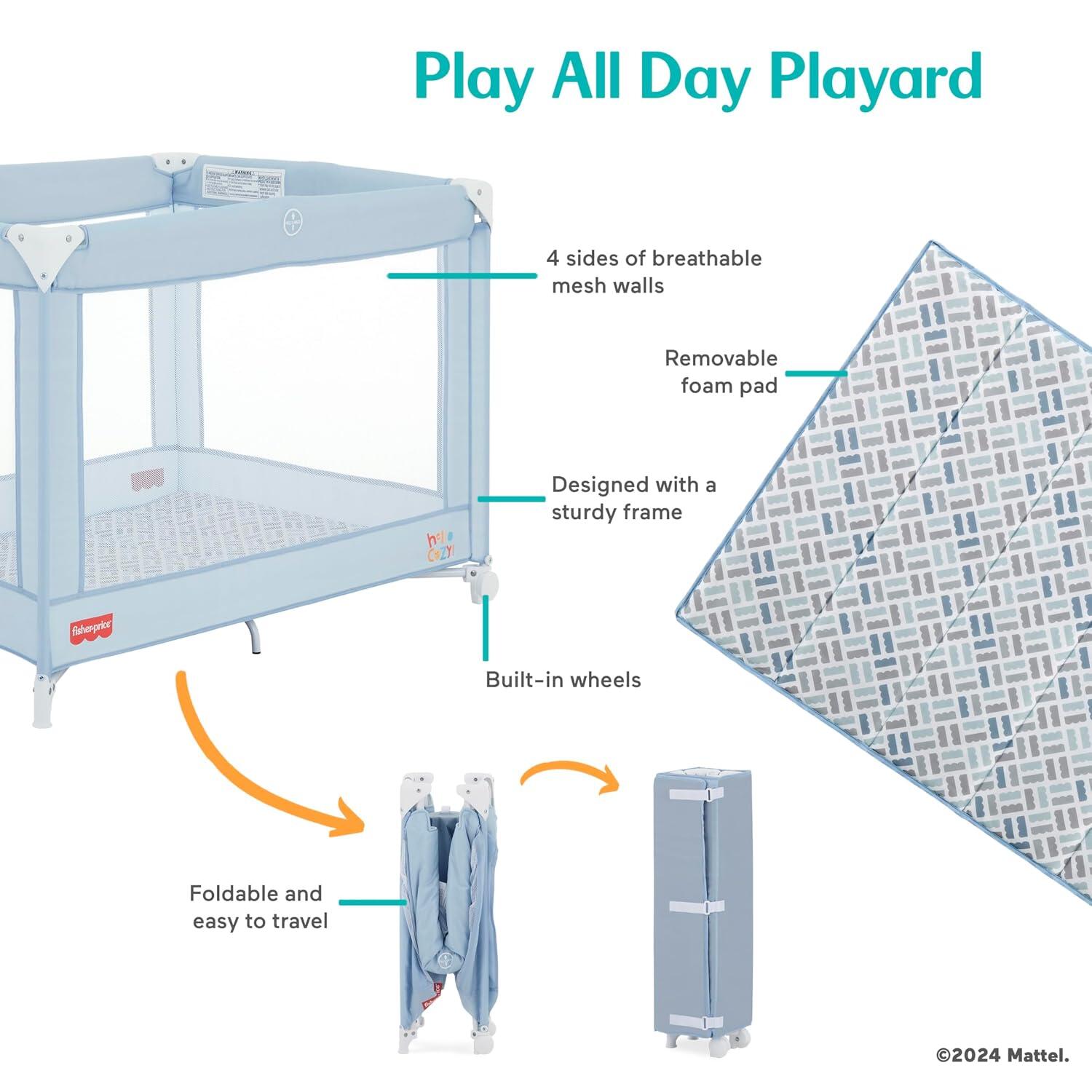 Fisher-Price by Dream On Me Play All Day Foldable Playard, Moonmist Blue, large