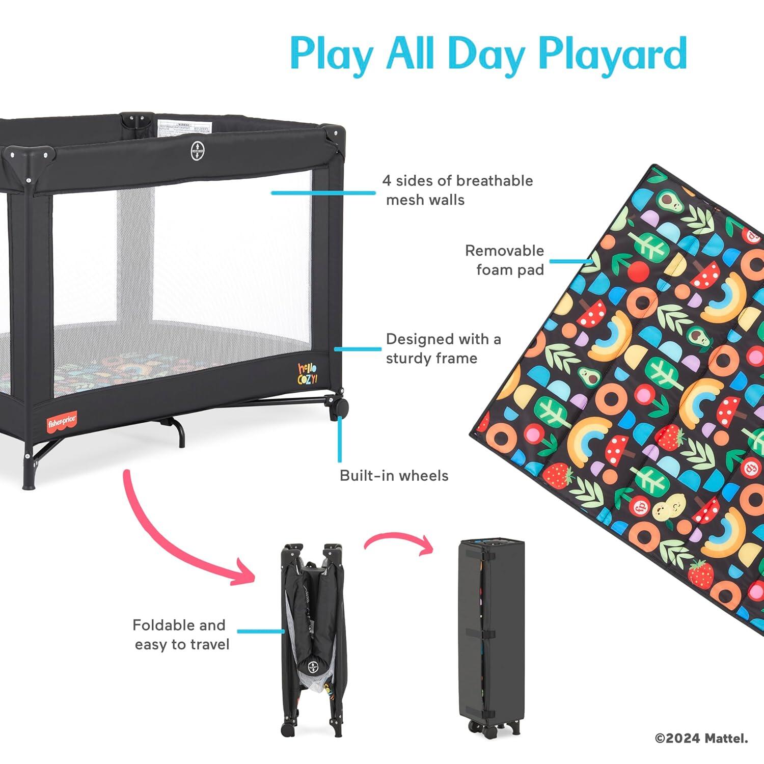 Fisher-Price by Dream On Me Play All Day Foldable Playard, Rainbow Black, large