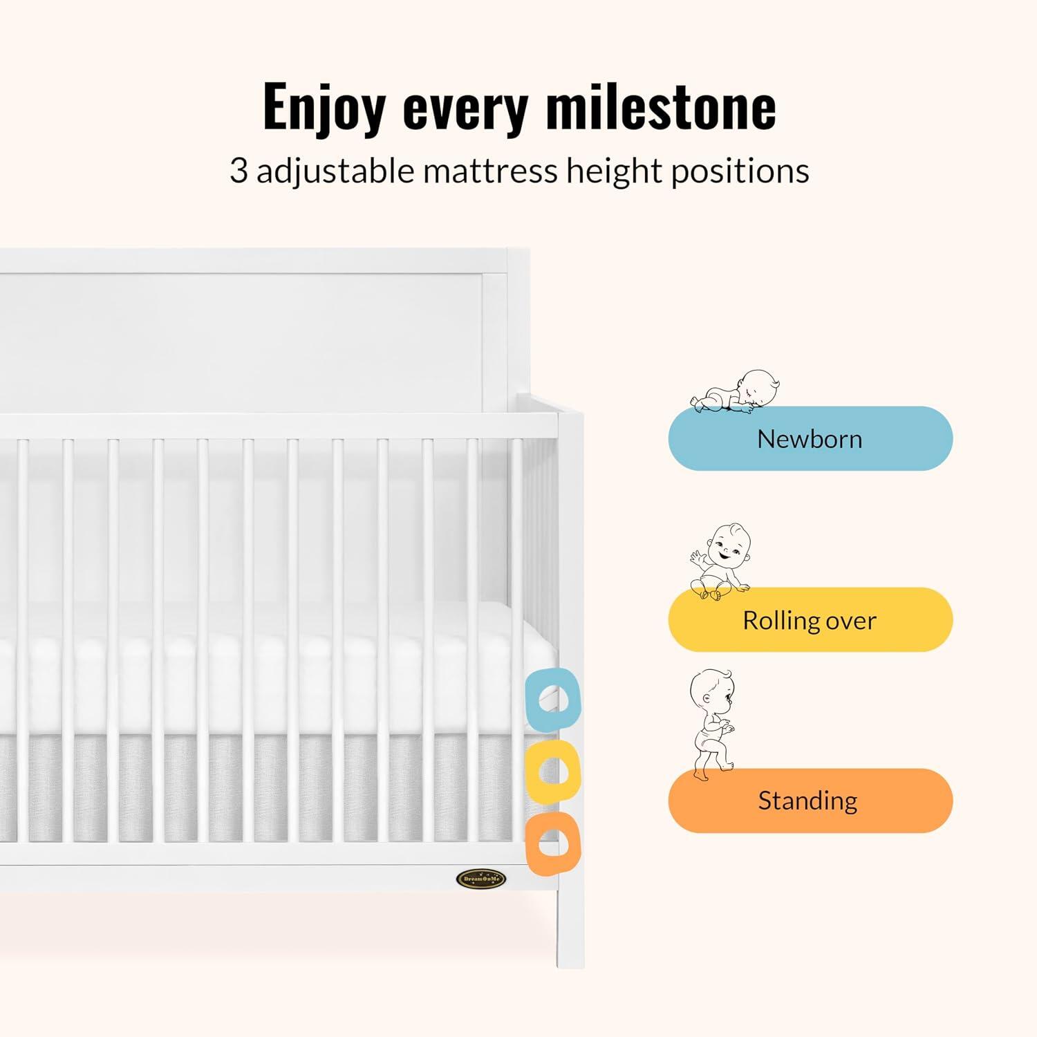 Dream On Me Dillian 5-in-1 Convertible Crib, White, large