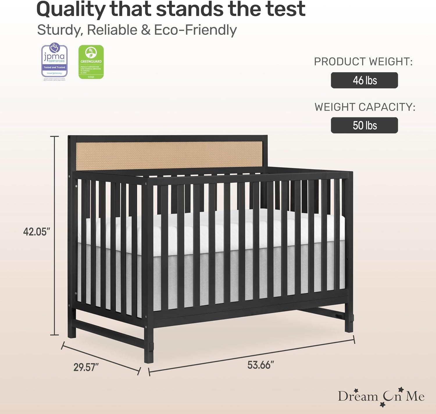 Dream On Me Kai 4-in-1 Convertible Crib, Matte Black/Beige, large