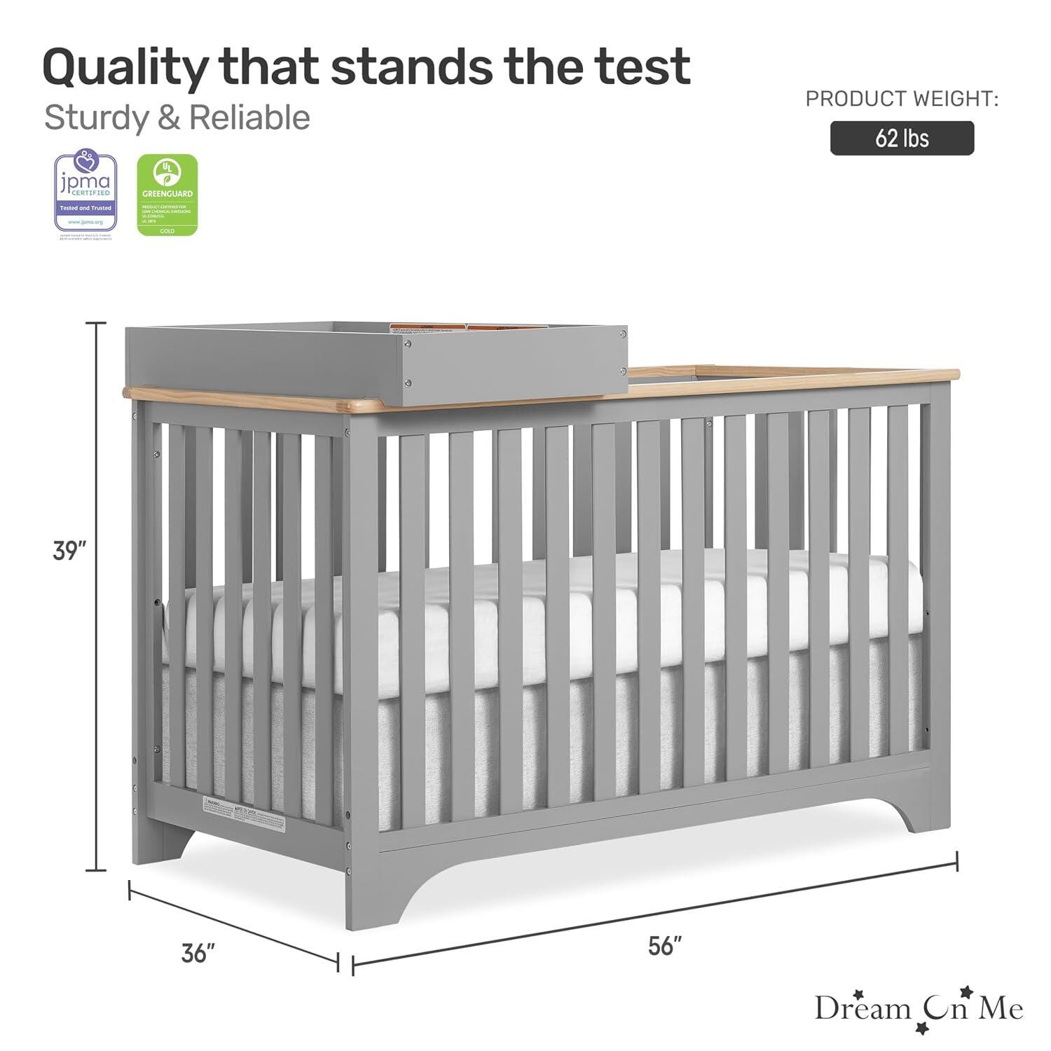 Dream On Me Orion 5-in-1 Convertible Crib with Changer, Pebble Gray/Beige, large