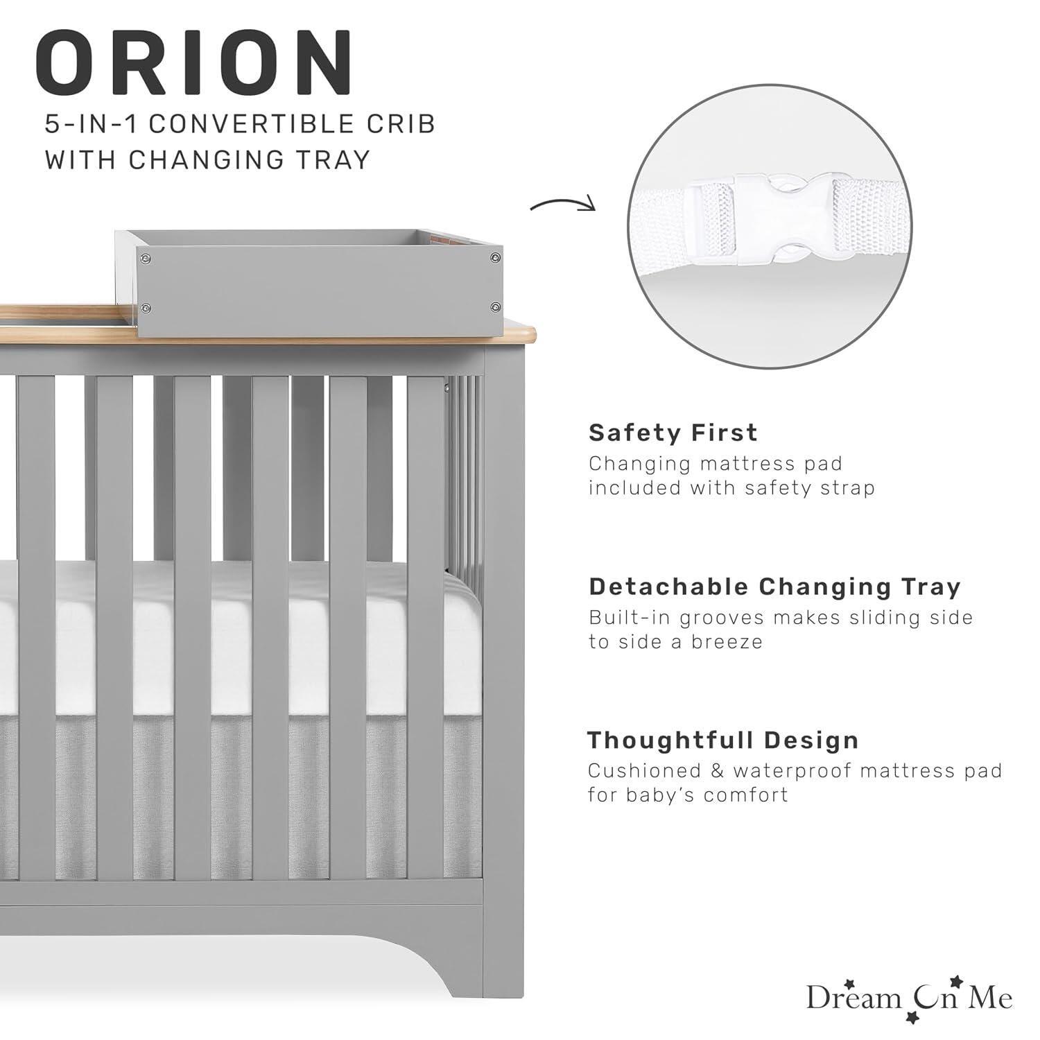 Dream On Me Orion 5-in-1 Convertible Crib with Changer, Pebble Gray/Beige, large
