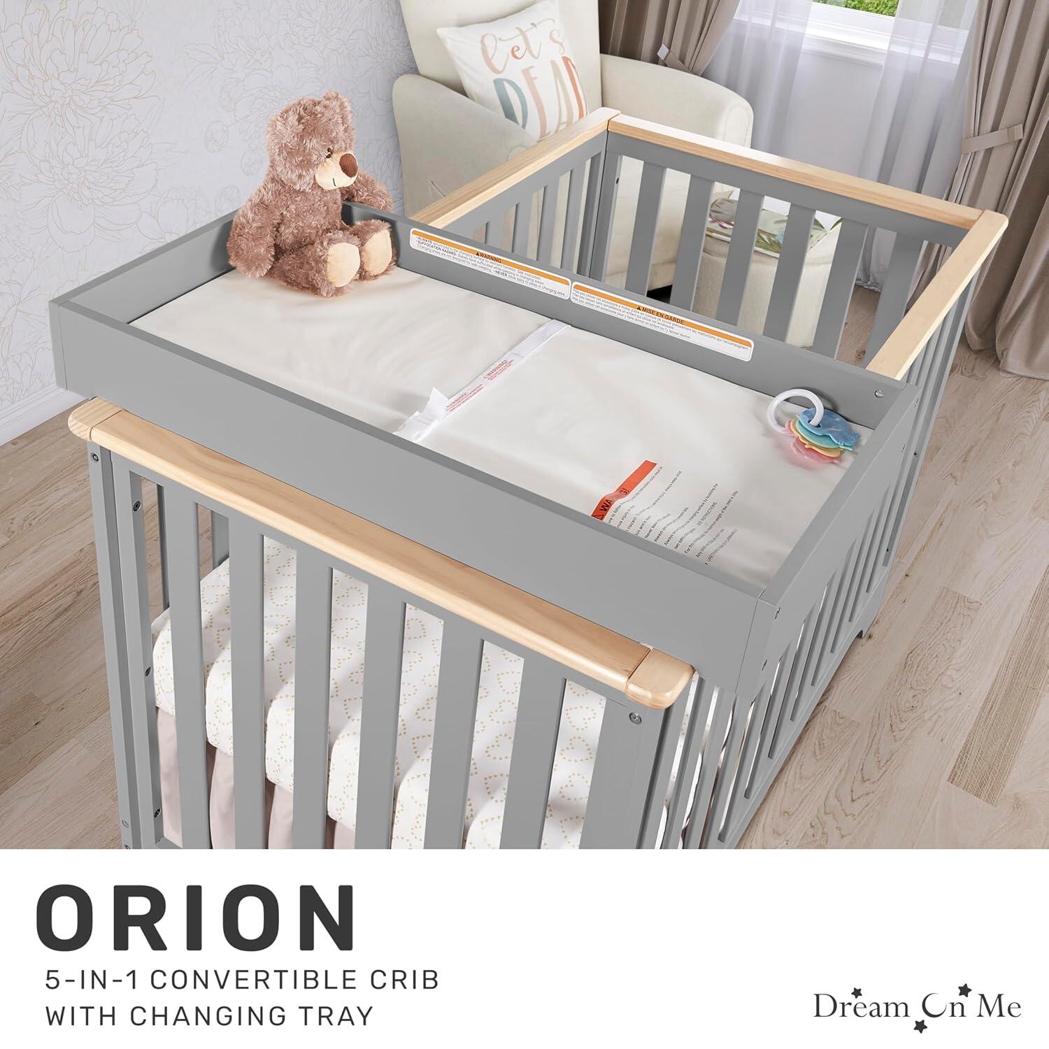 Dream On Me Orion 5-in-1 Convertible Crib with Changer, Pebble Gray/Beige, large
