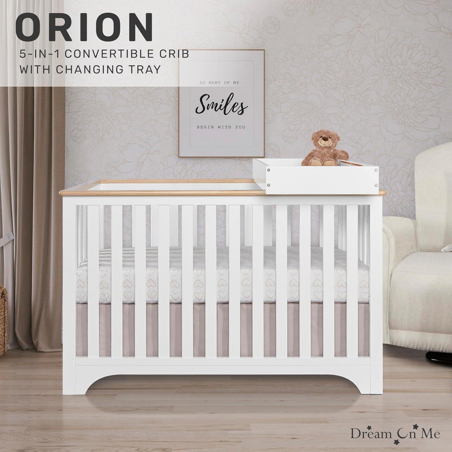 Dream On Me Orion 5-in-1 Convertible Crib with Changer, Vintage White/Beige, large