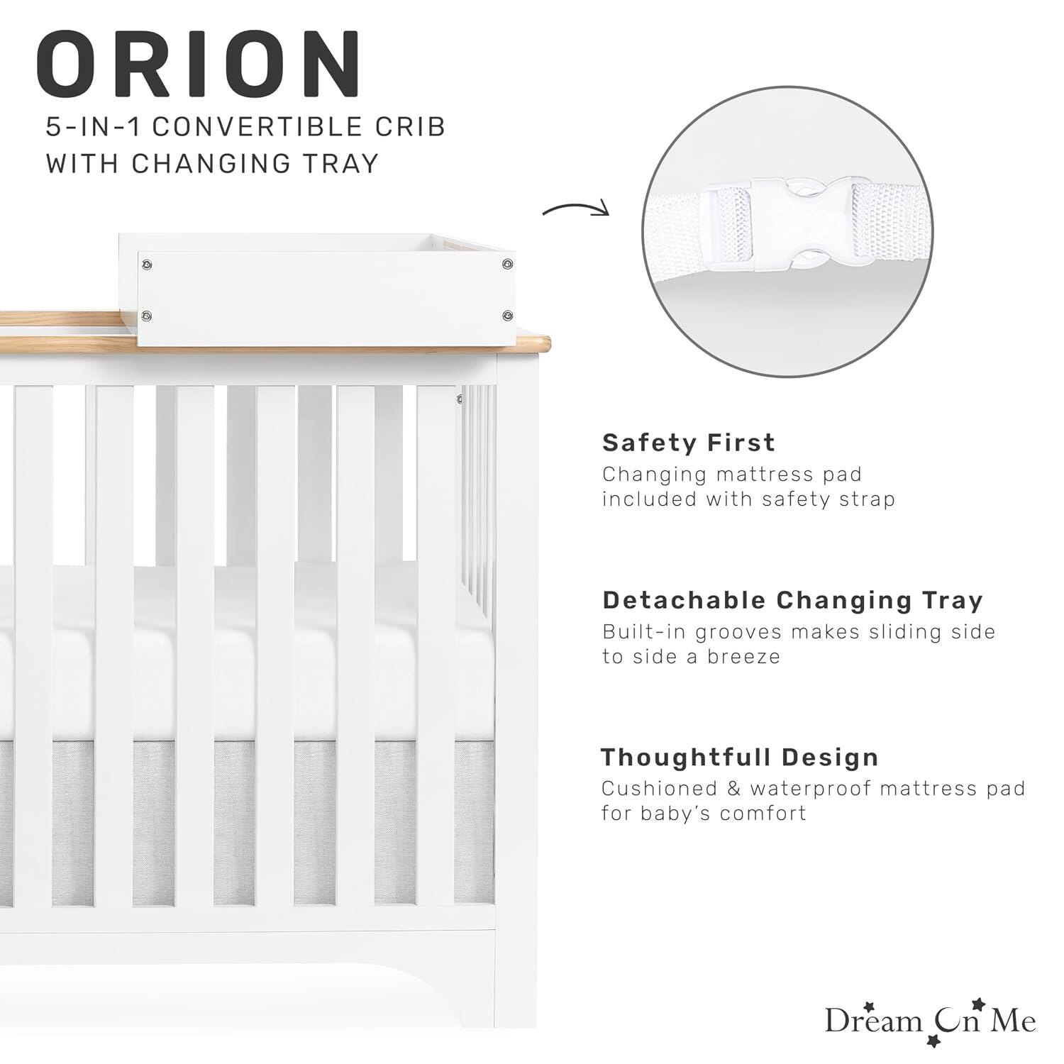 Dream On Me Orion 5-in-1 Convertible Crib with Changer, Vintage White/Beige, large