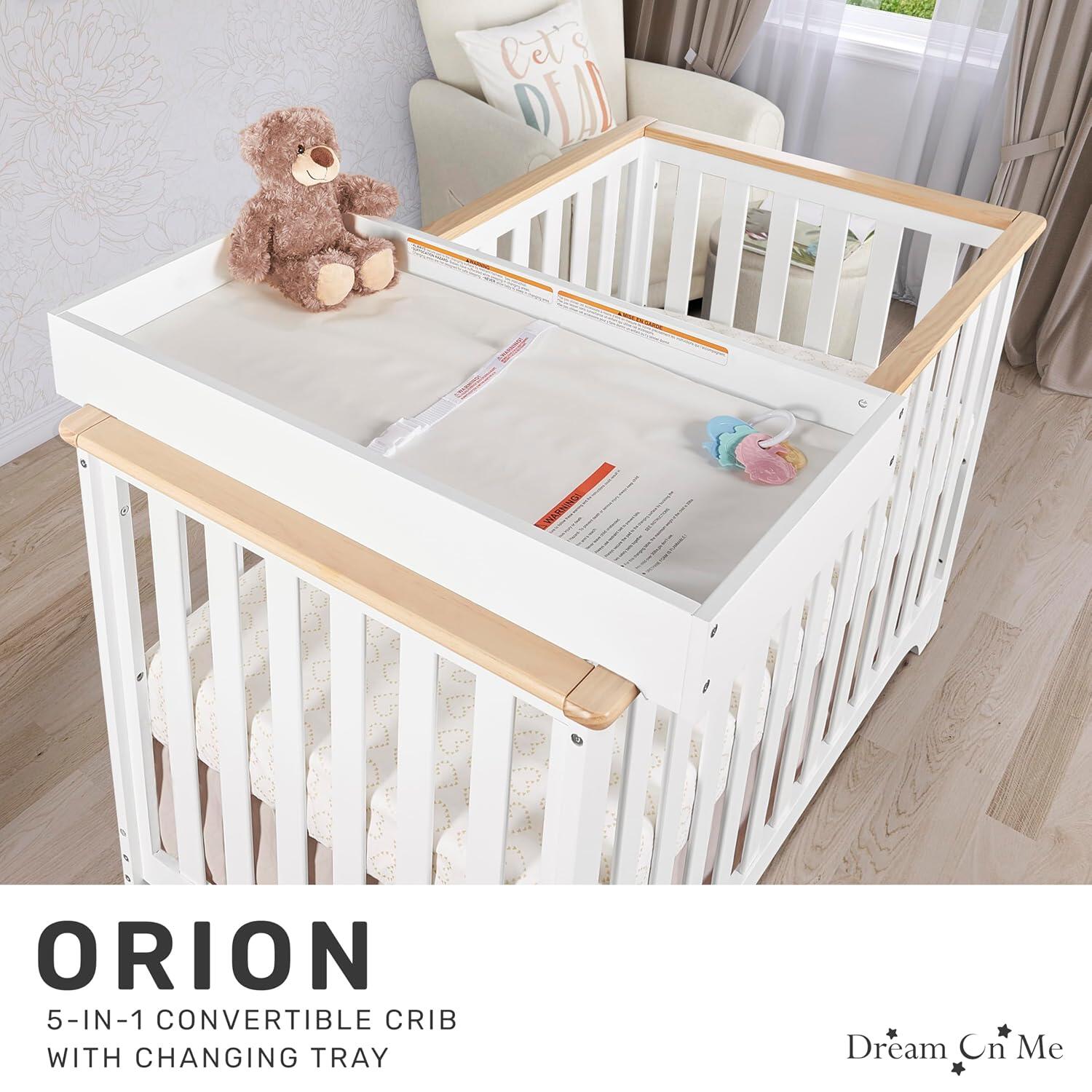 Dream On Me Orion 5-in-1 Convertible Crib with Changer, Vintage White/Beige, large
