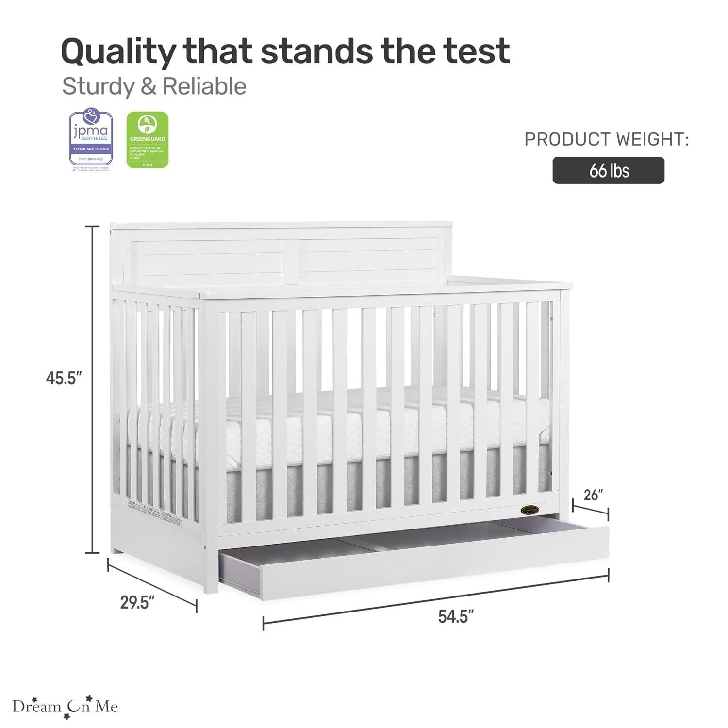 Dream On Me Reign 5-in-1 Convertible Crib with Storage Drawer, White, large