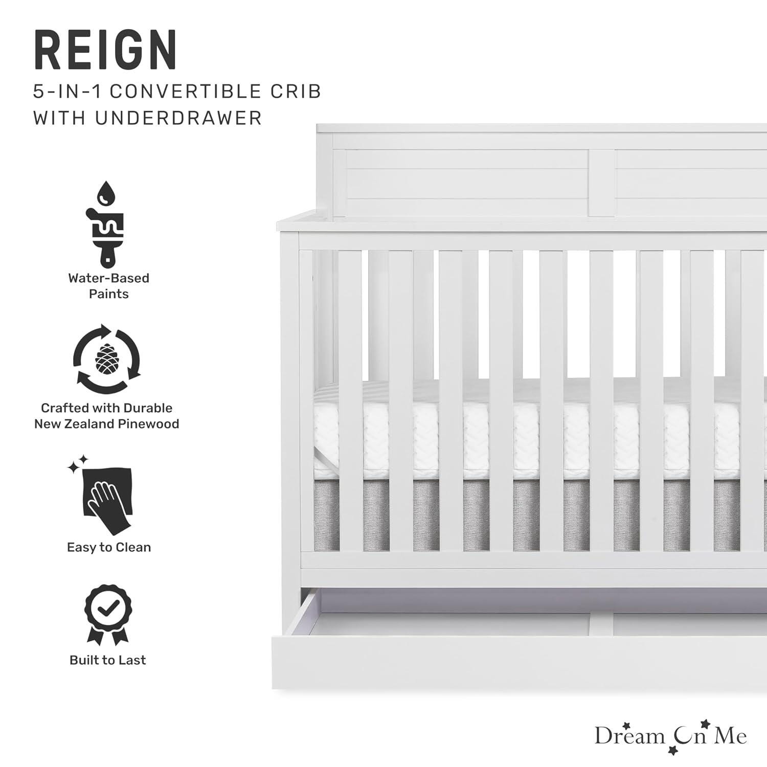 Dream On Me Reign 5-in-1 Convertible Crib with Storage Drawer, White, large