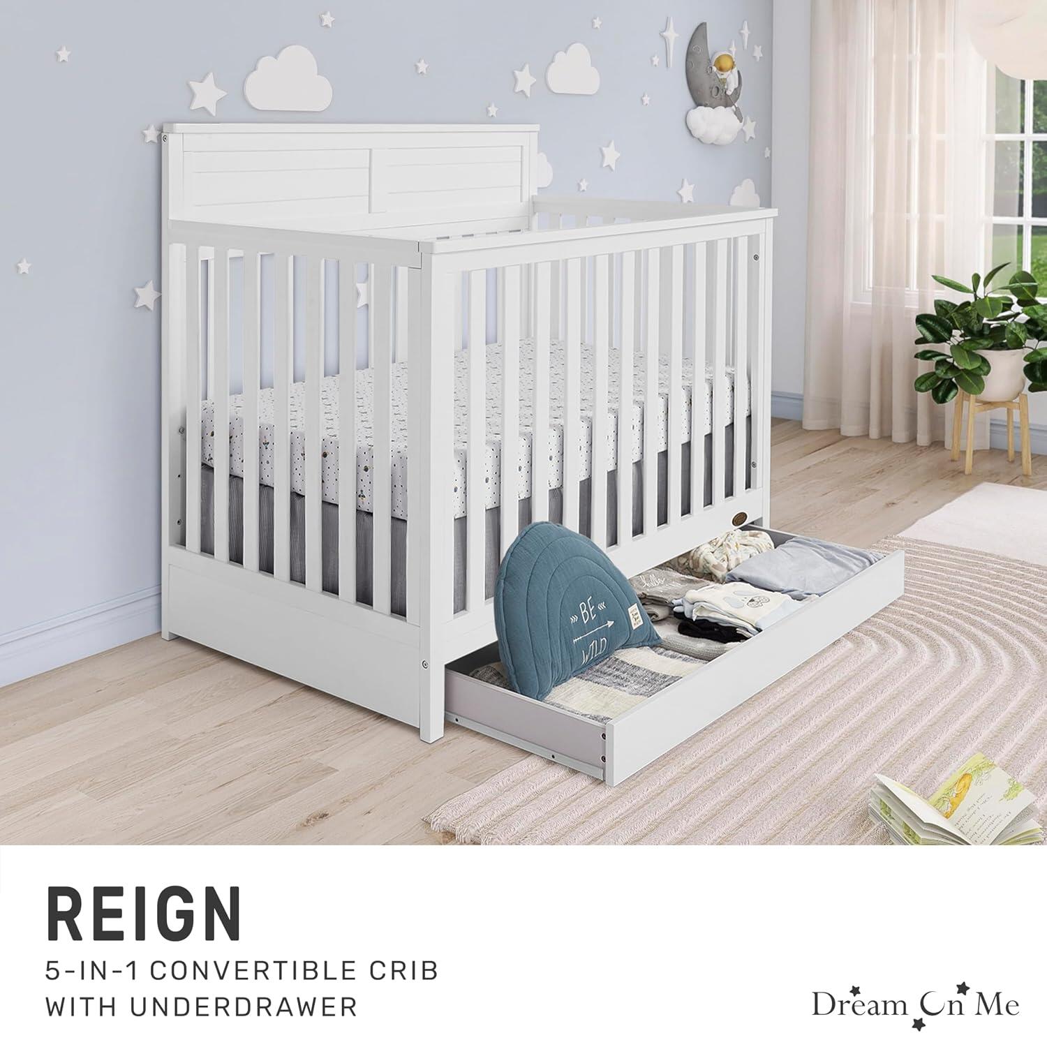 Dream On Me Reign 5-in-1 Convertible Crib with Storage Drawer, White, large