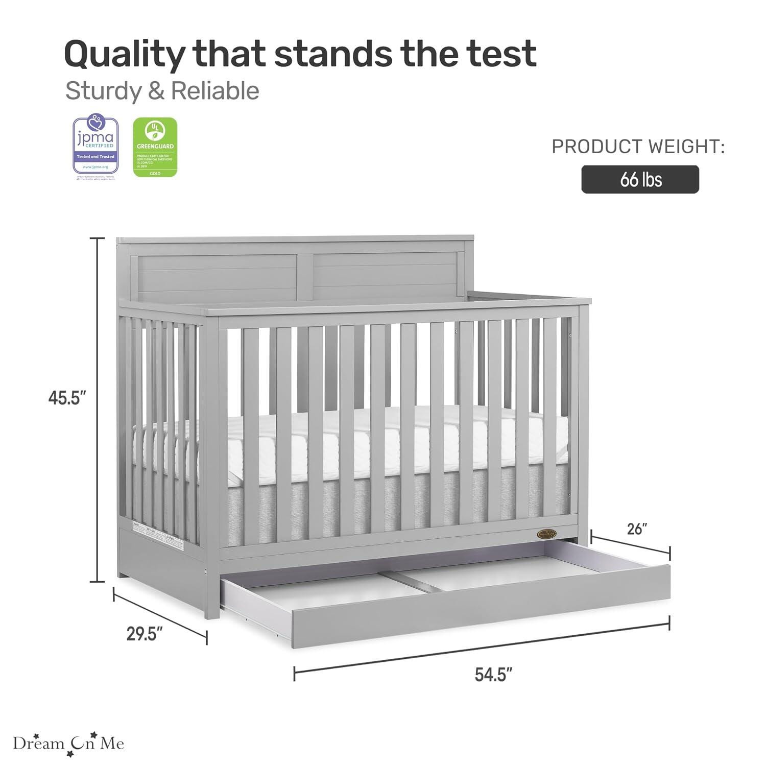 Dream On Me Reign 5-in-1 Convertible Crib with Storage Drawer, Pebble Gray, large