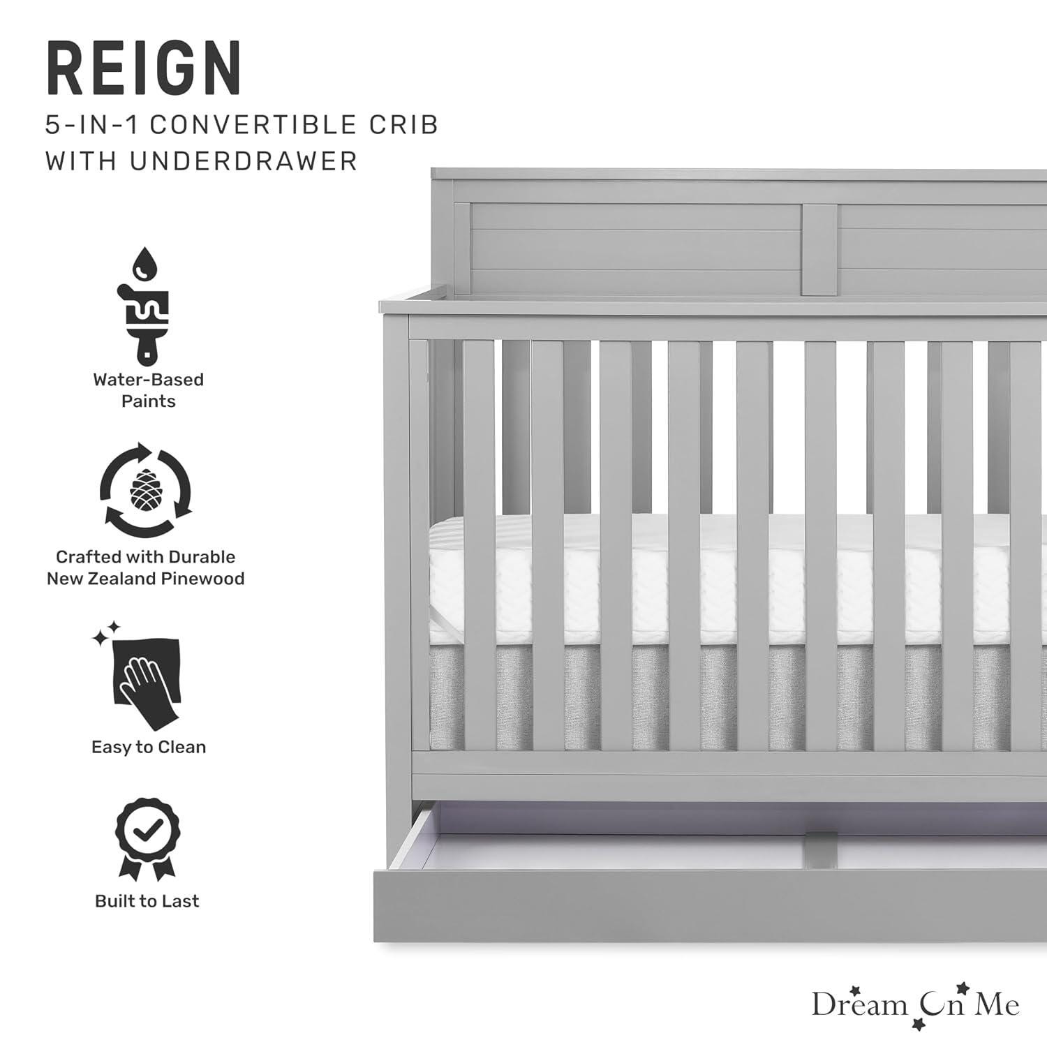 Dream On Me Reign 5-in-1 Convertible Crib with Storage Drawer, Pebble Gray, large