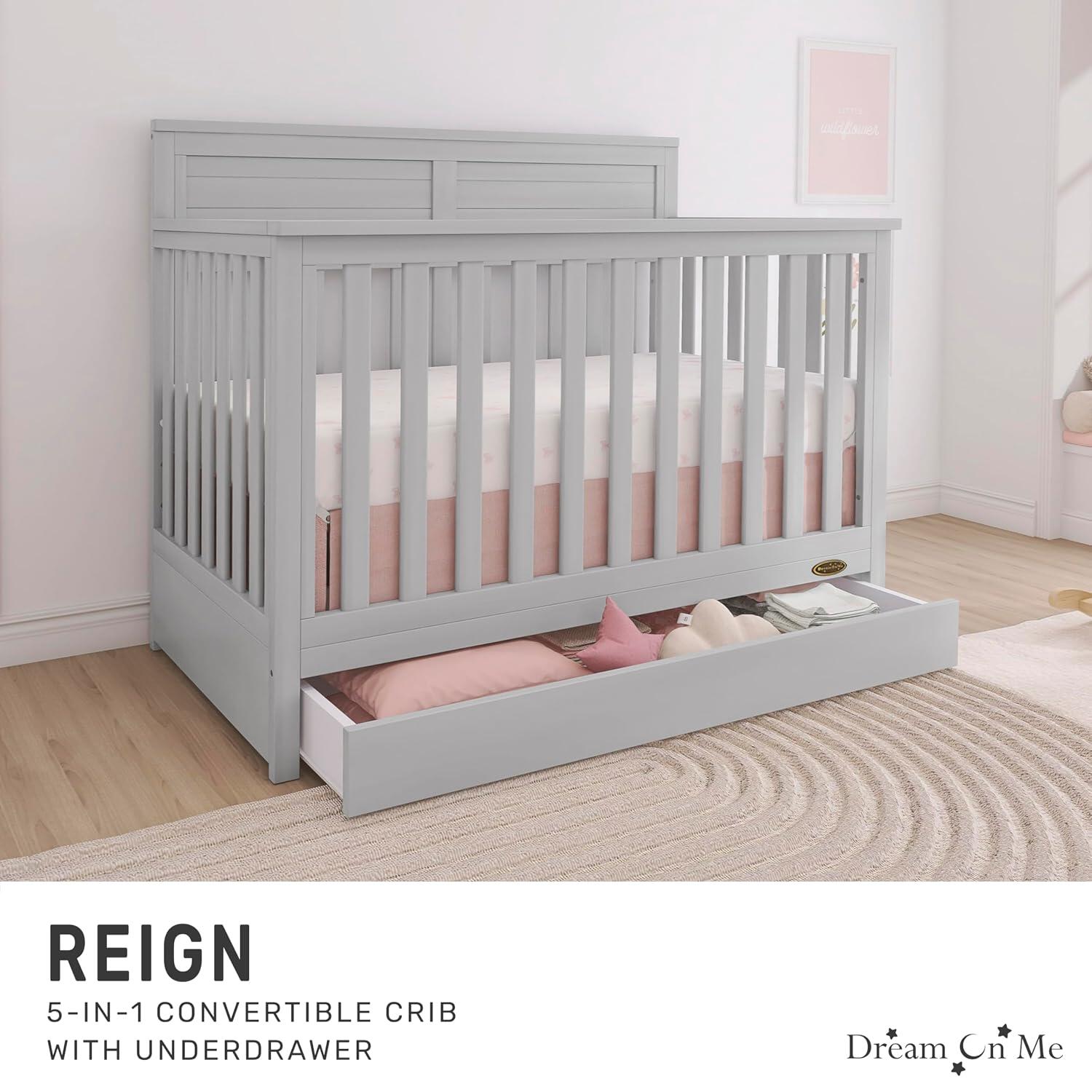 Dream On Me Reign 5-in-1 Convertible Crib with Storage Drawer, Pebble Gray, large