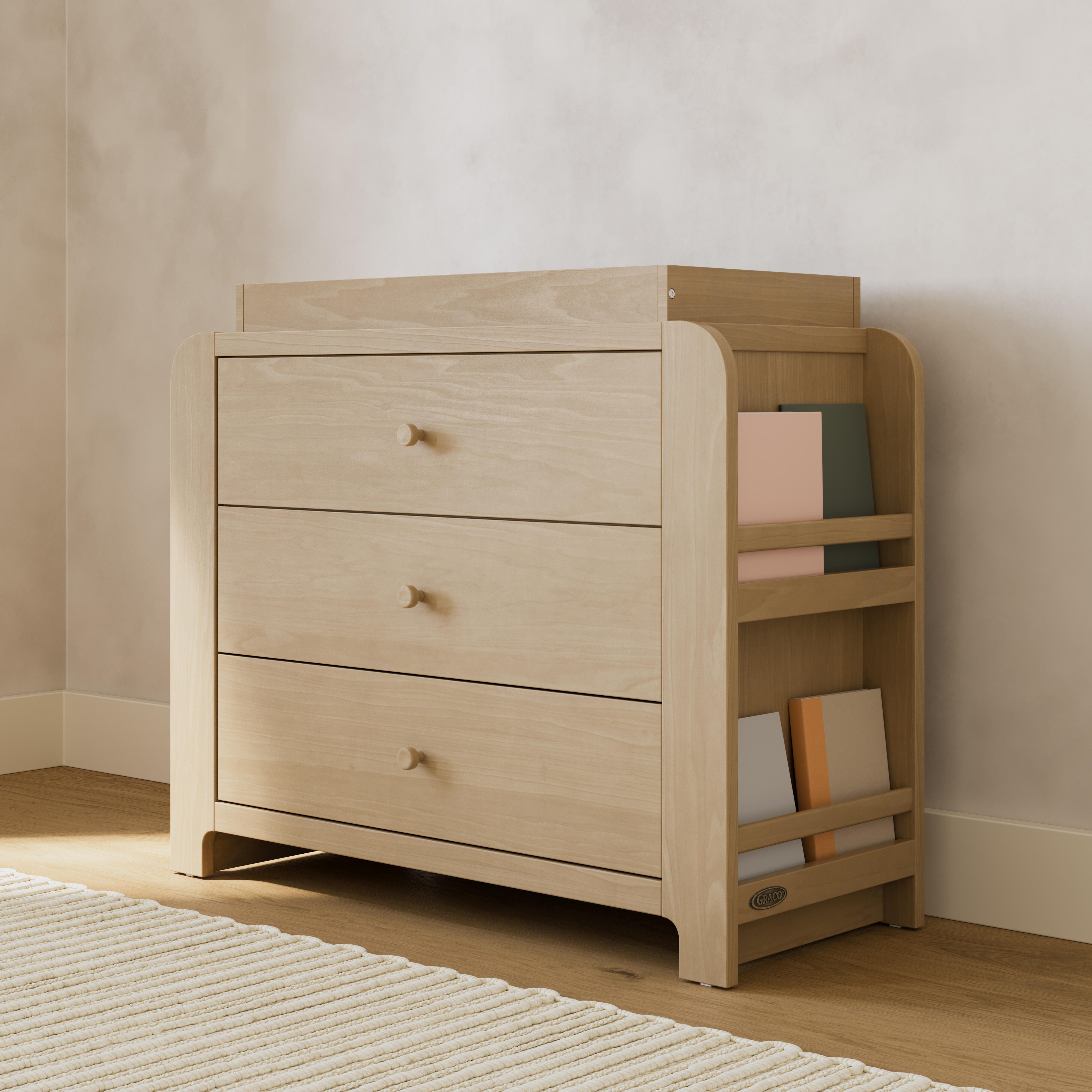 Graco Read-with-Me 3 Drawer Chest with Bookshelves and Changing Topper, Driftwood