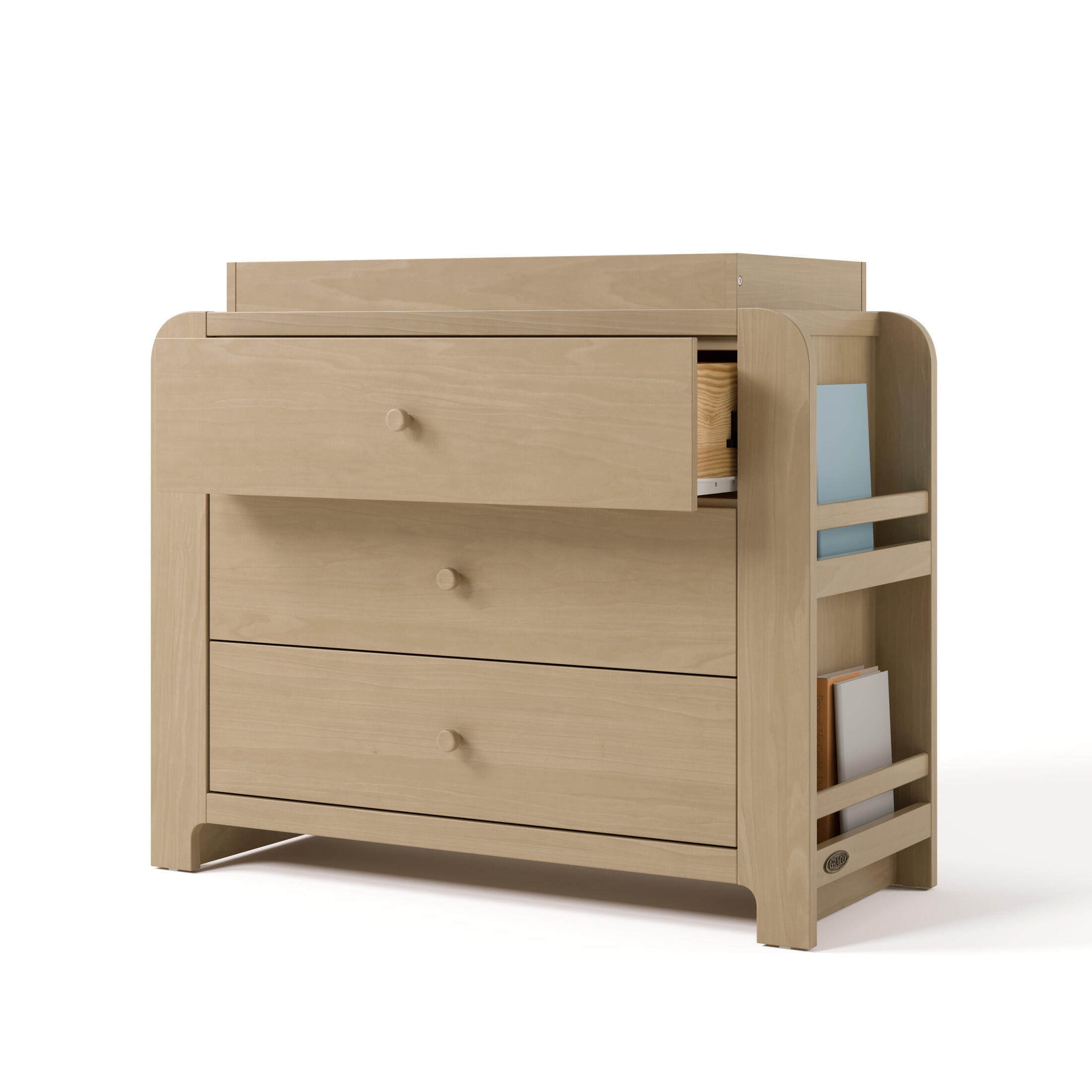 Graco Read-with-Me 3 Drawer Chest with Bookshelves and Changing Topper, Driftwood, large