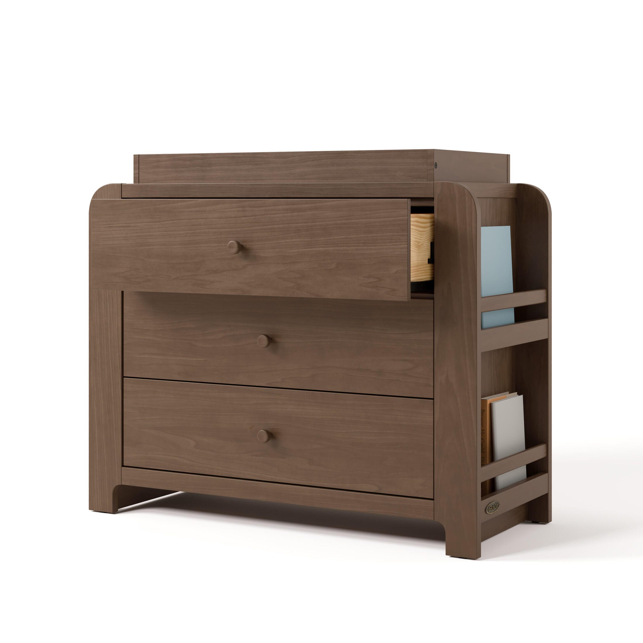 Graco Read-with-Me 3 Drawer Chest with Bookshelves and Changing Topper, Hazelnut, large