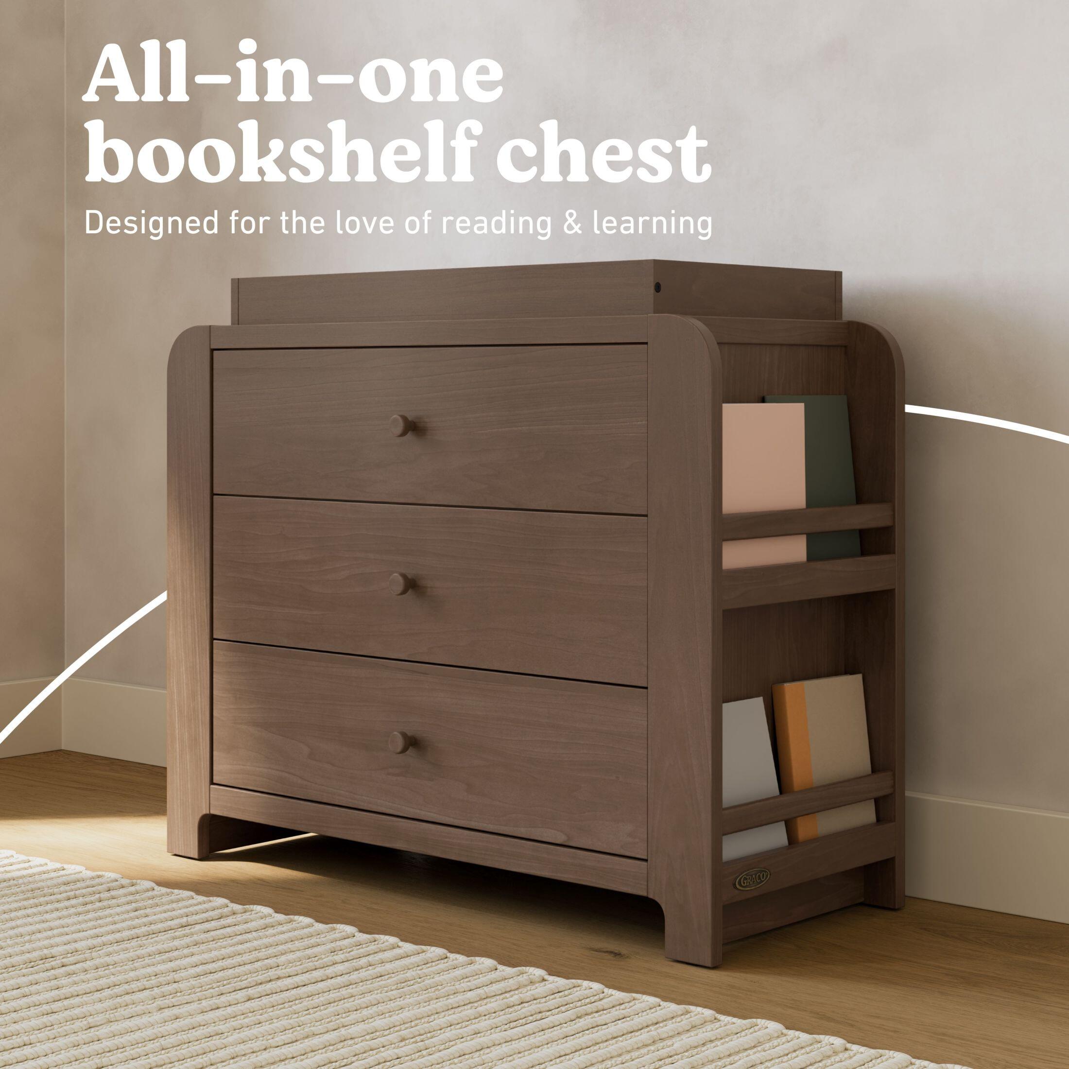 Graco Read-with-Me 3 Drawer Chest with Bookshelves and Changing Topper, Hazelnut, large